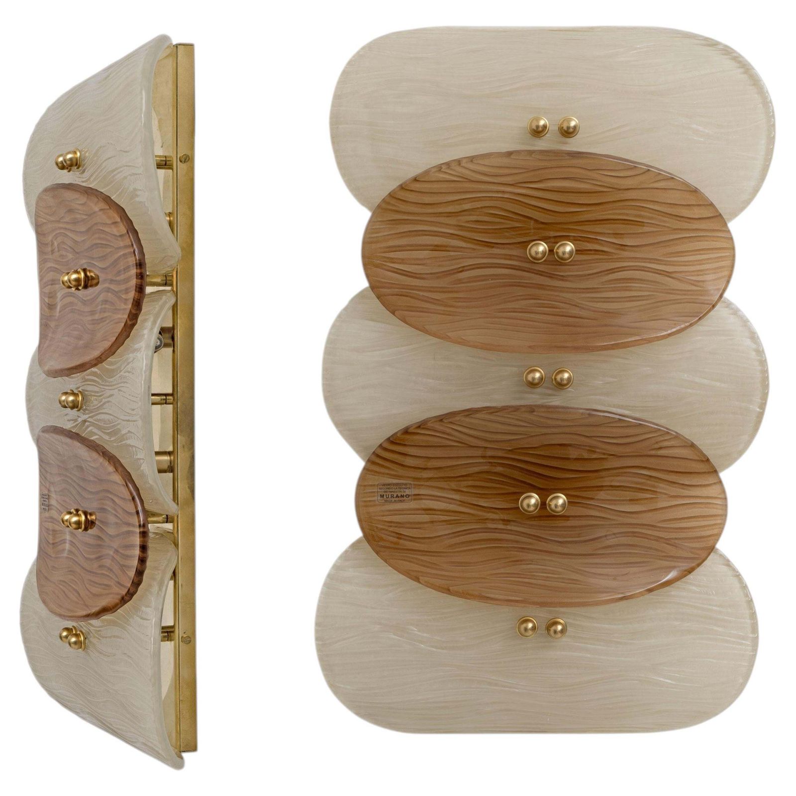 Paar Murano-glazen en messing wandlampen