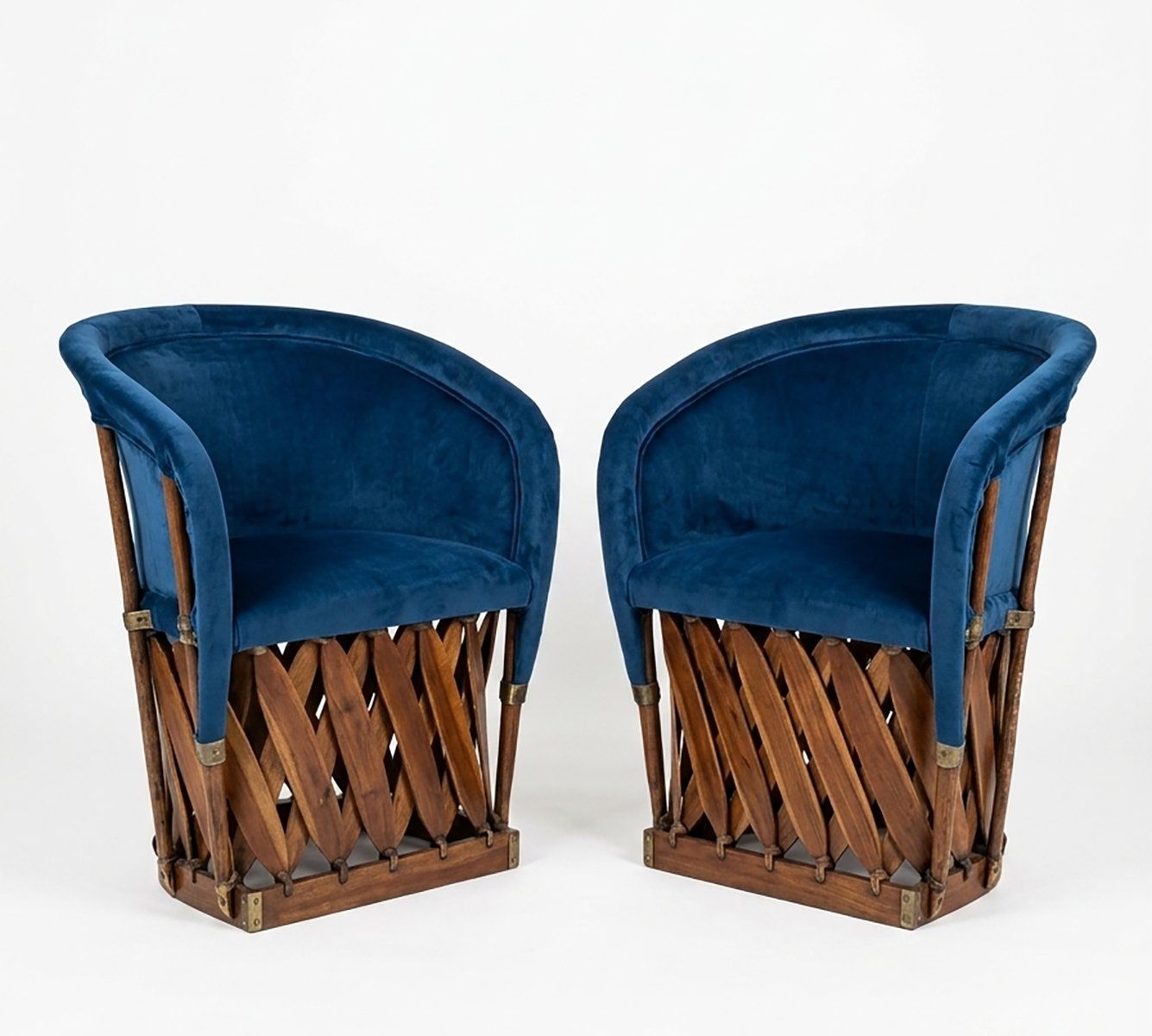 Mexican Equipal Style Chairs In Navy Blue Velvet By Wim Rietveld, Set Of 2
