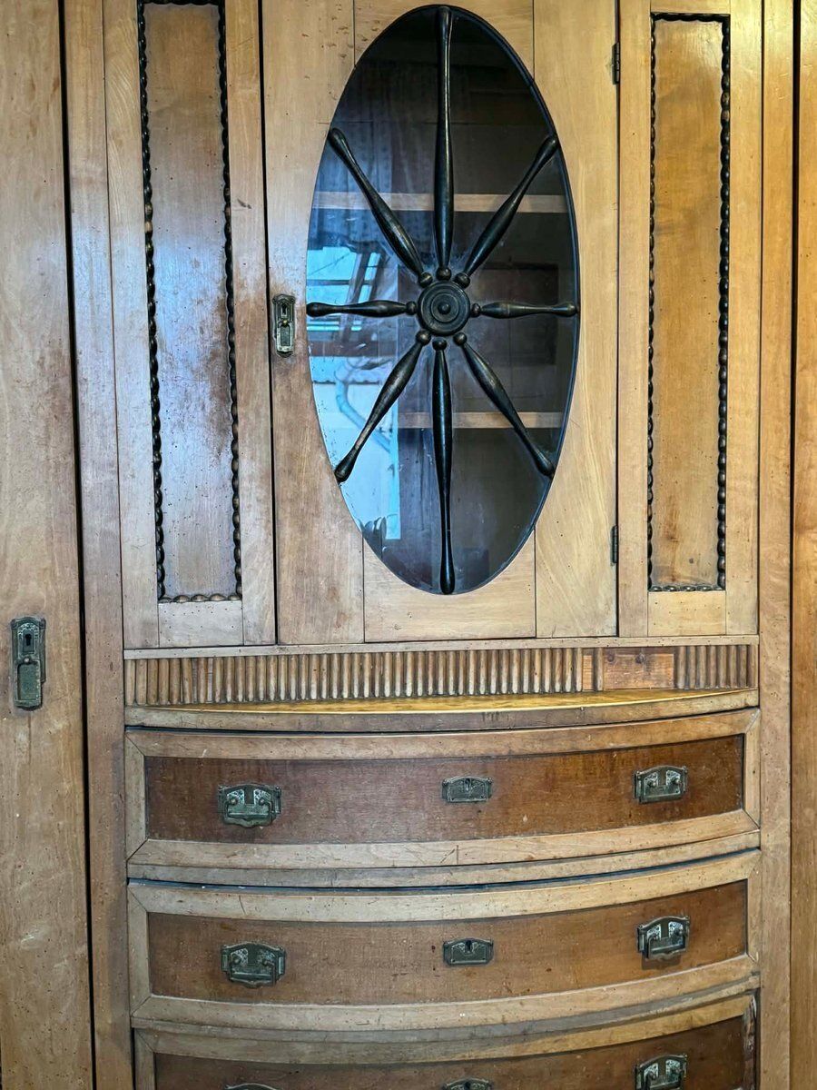 Art Deco houten kast met ovaal glasvenster en lades, jaren 1930 photo 4990.0