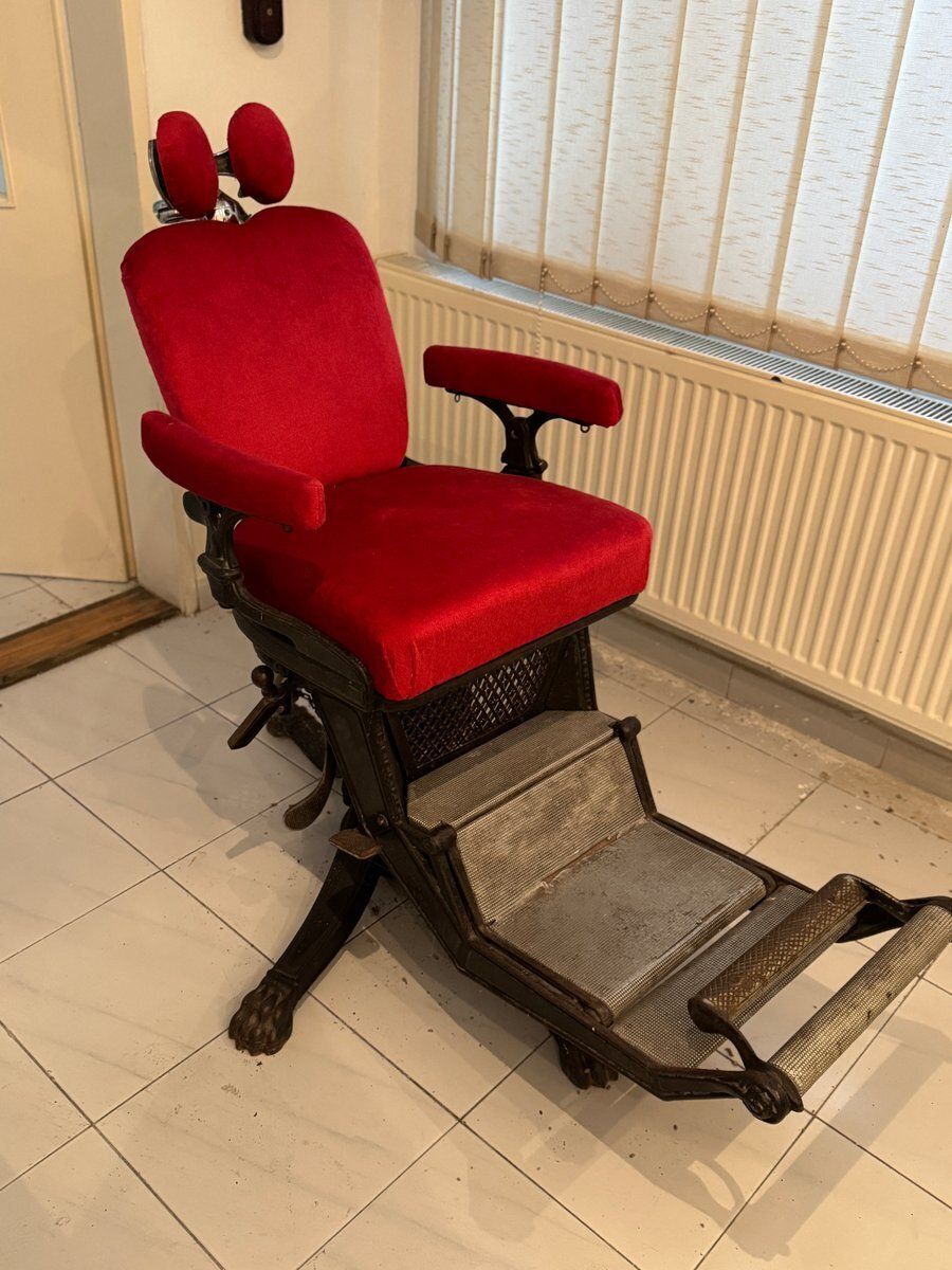 Barber Chair With Red Upholstery And Adjustable Footrest photo buy