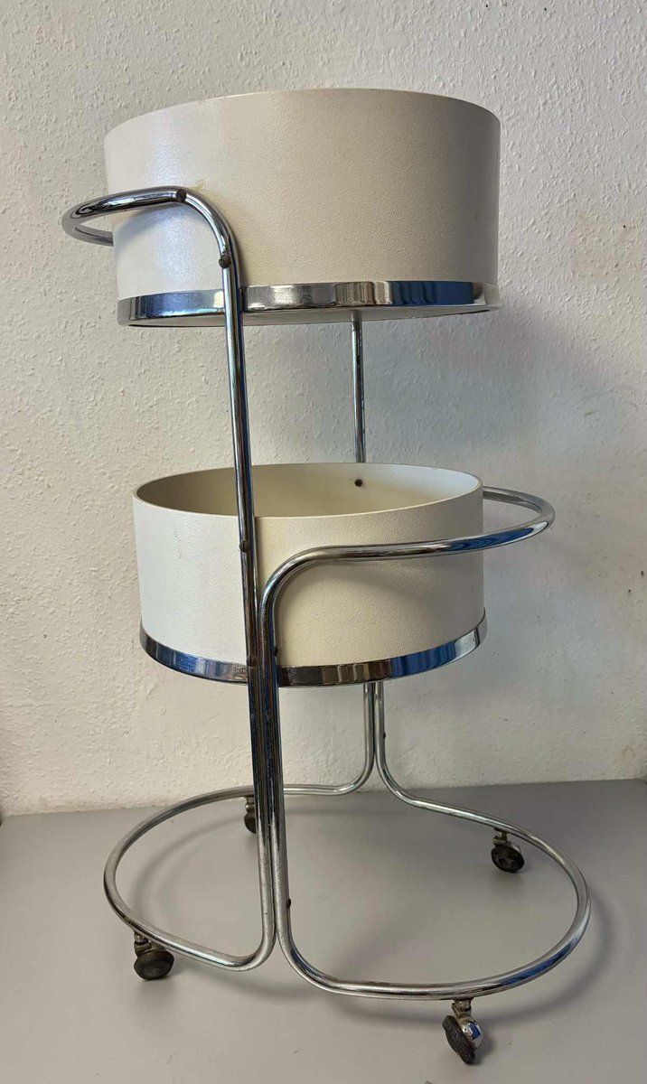 Mid-Century Chroom & Wit Tweelaags Rijdend Serveerwagentje