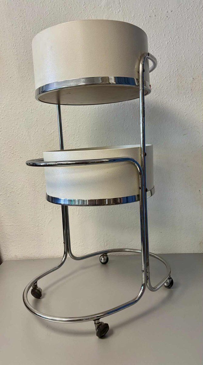 Mid-Century Chroom & Wit Tweelaags Rijdend Serveerwagentje photo furniture