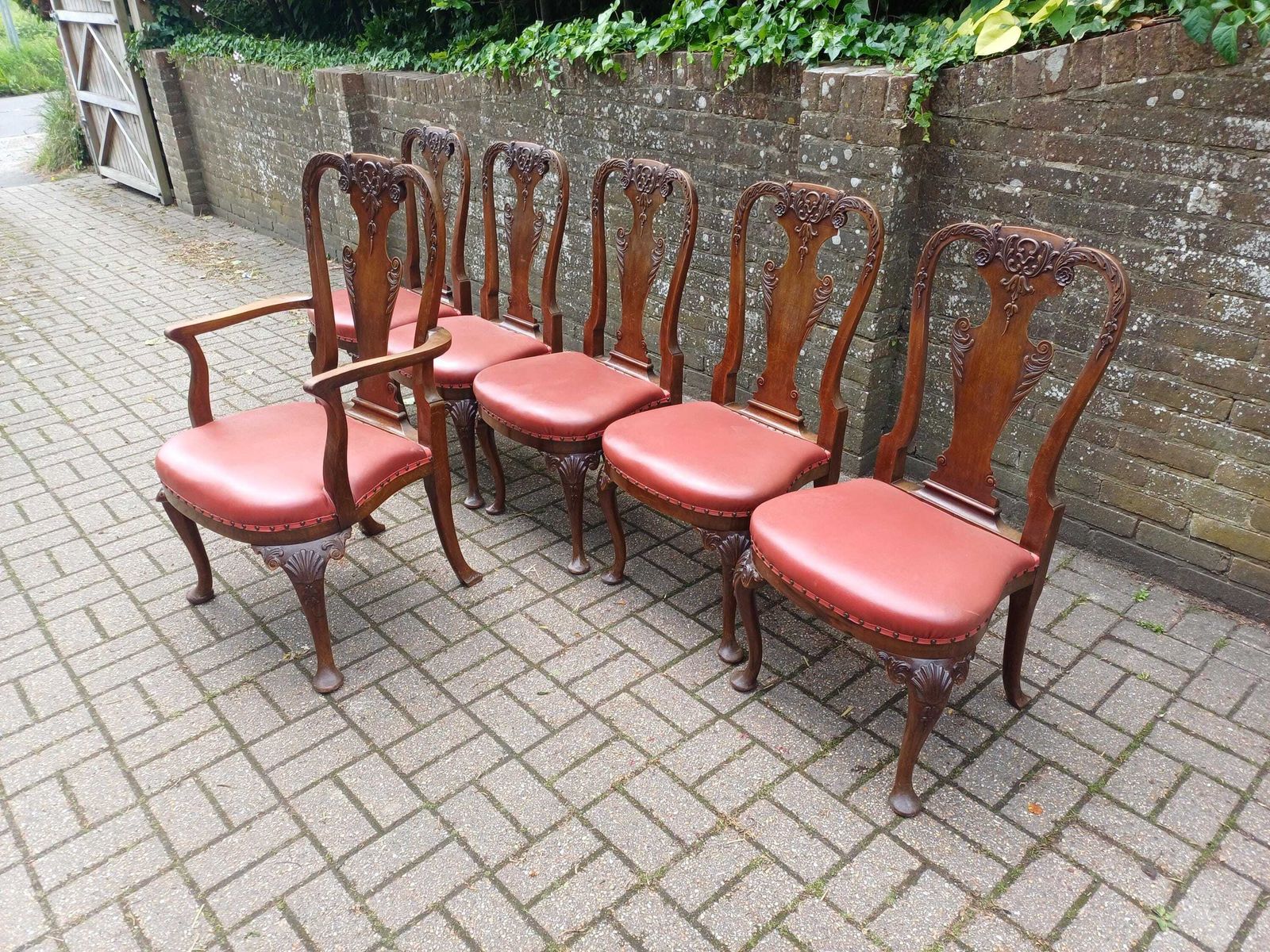 Set Of 6 Imposing Antique Style Mahogany Dining Chairs Queen Anne Chippendale Carvers Carved Cabriole Legs Red Seats photo furniture