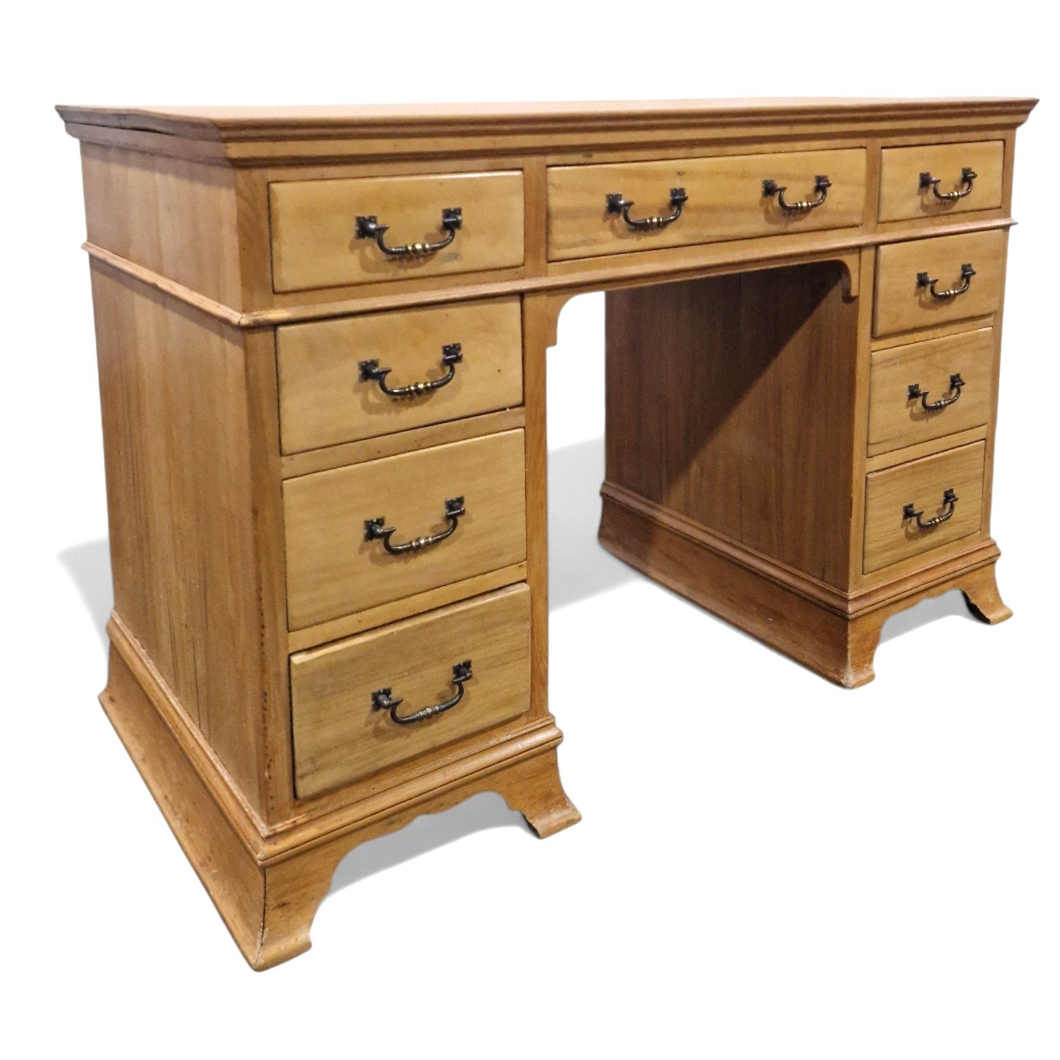 Victorian Satinwood Pedestal Desk Antique 9 Drawer Kneehole Writing Table photo vintage