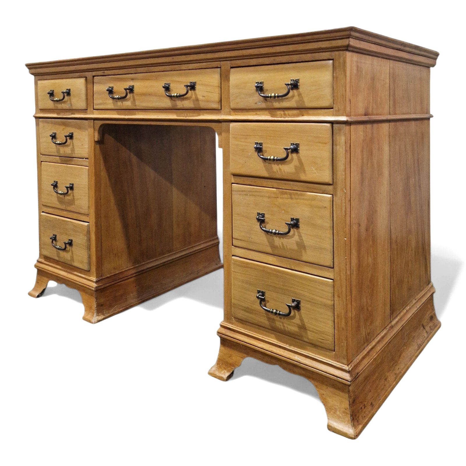 photo vintage Victorian Satinwood Pedestal Desk Antique 9 Drawer Kneehole Writing Table