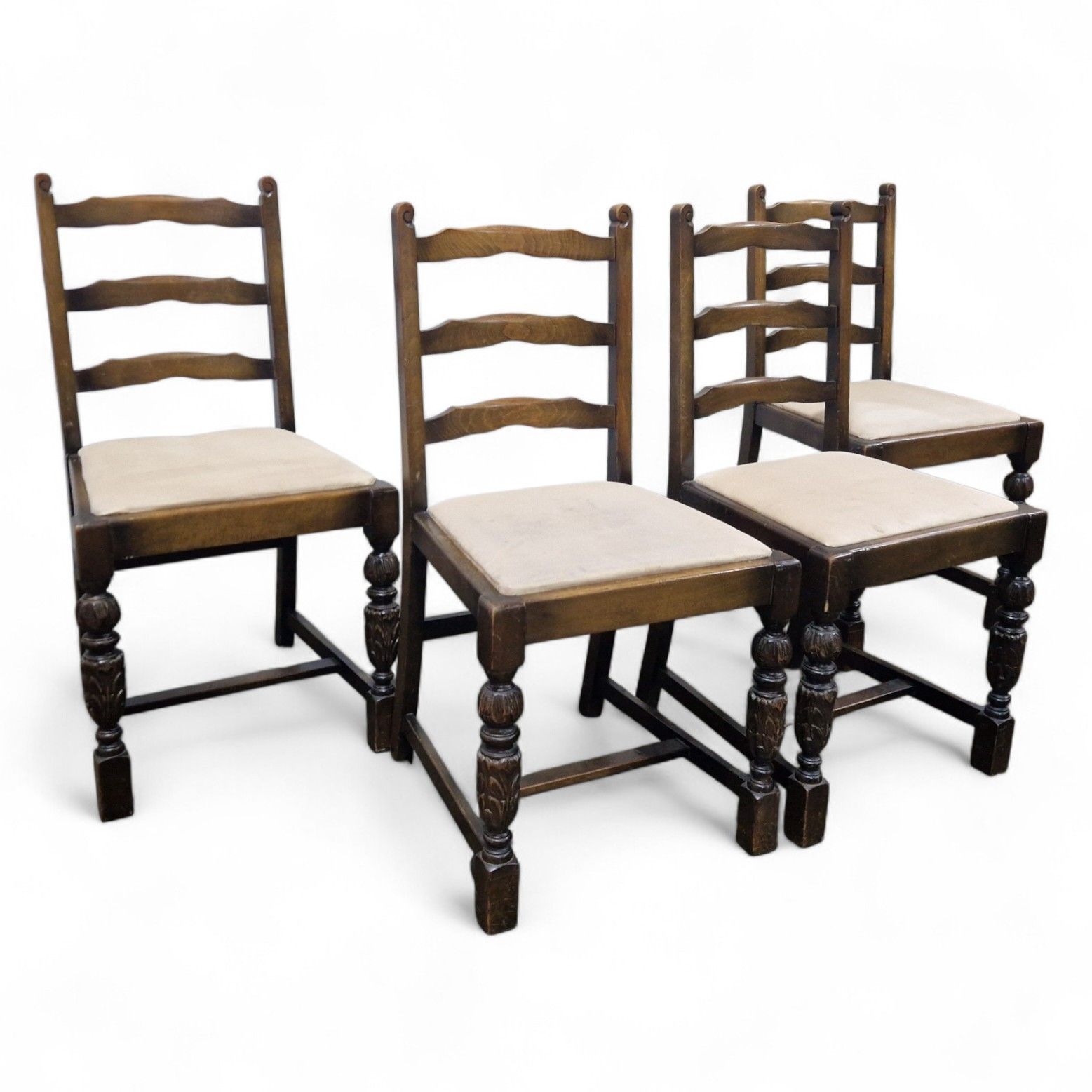 Set 4 Oak Farmhouse Dining Chairs Ladder Back Rustic Country Kitchen Chairs photo for sale