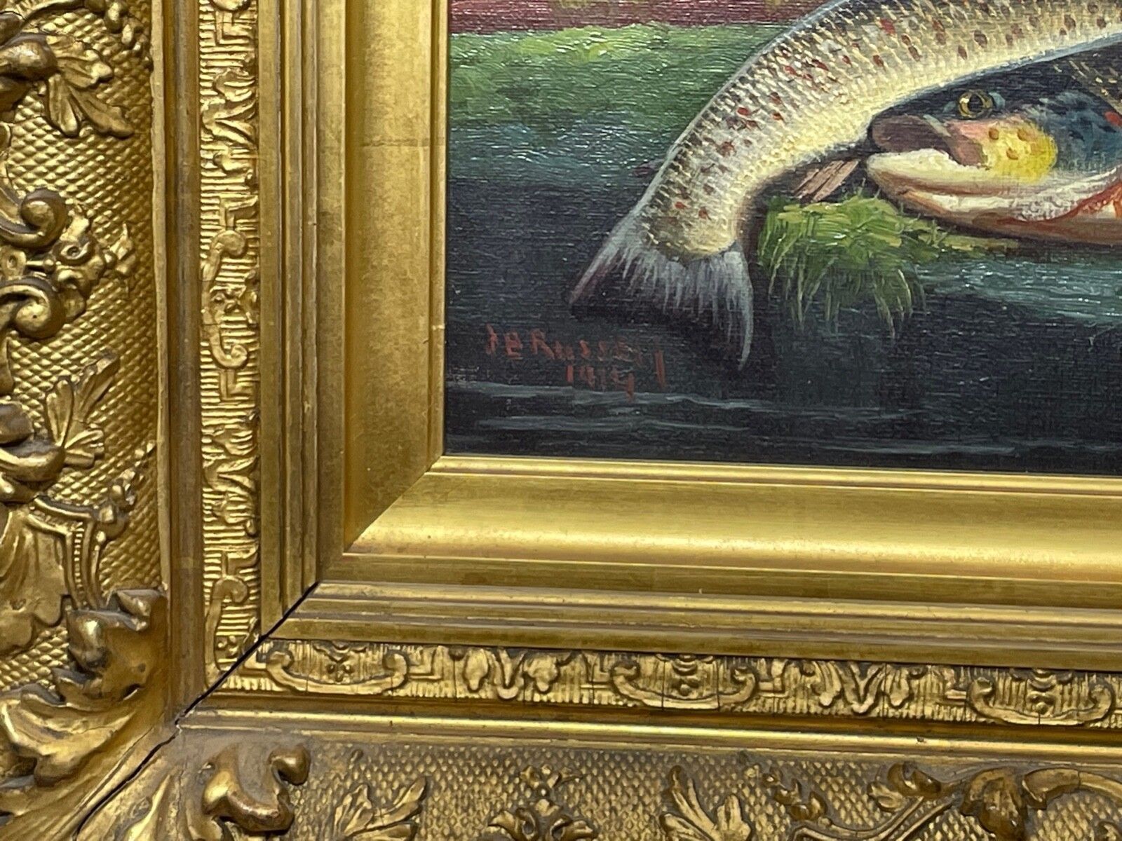 Schots sportstilleven in olieverf, begin 20e eeuw "Burn Trout" gesigneerd door James B. Russell photo Kunst