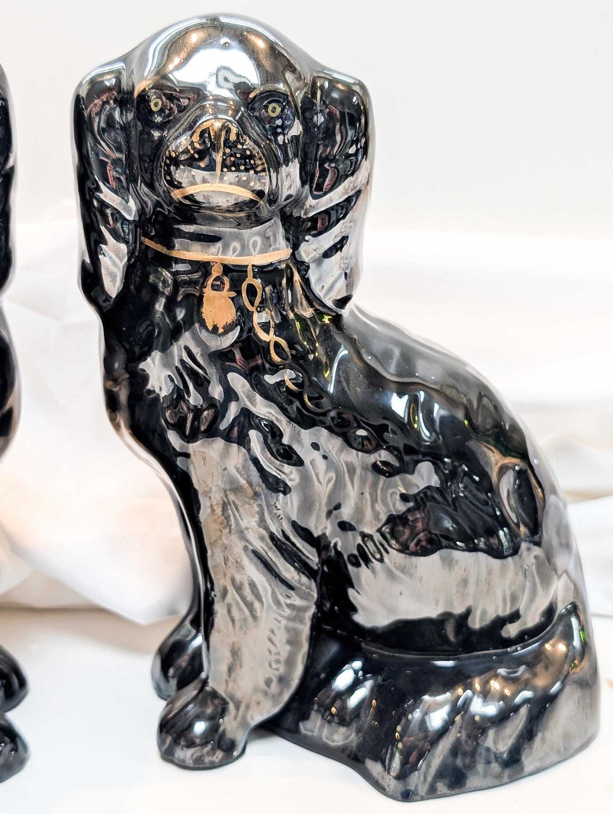 Staffordshire Pottery Mantle Black Jackfield Spaniel Dogs Pair photo Art