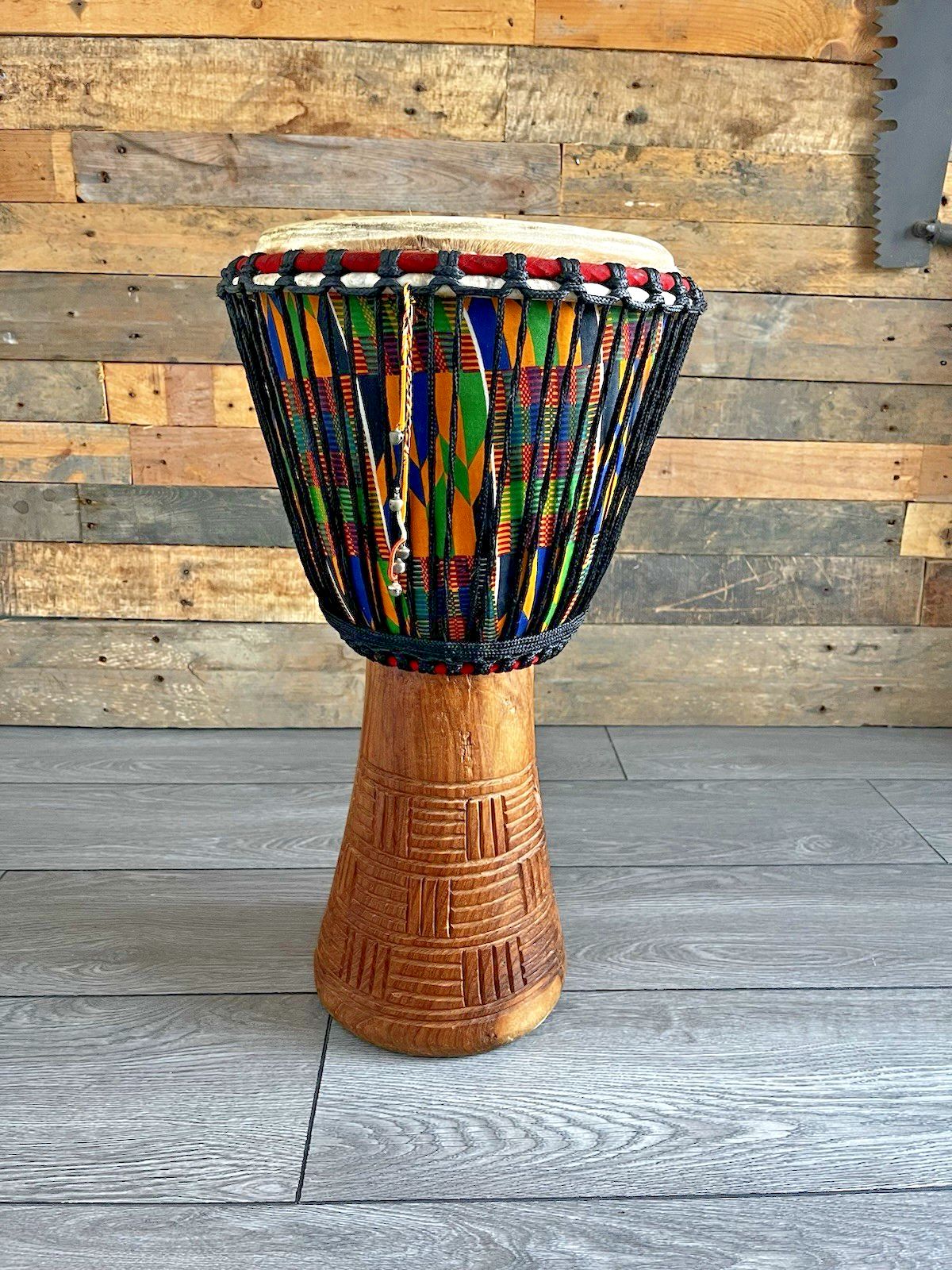 photo for sale Large 22” Vintage African Djembe Drum Carved Wood Kente Rope Tuned Percussion