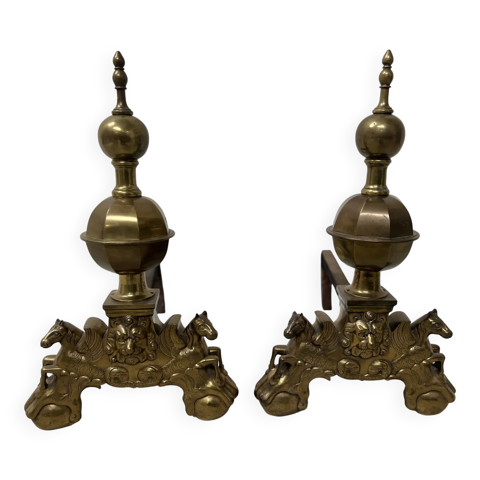 Important Pair Of 20th Century Brass Log Andirons