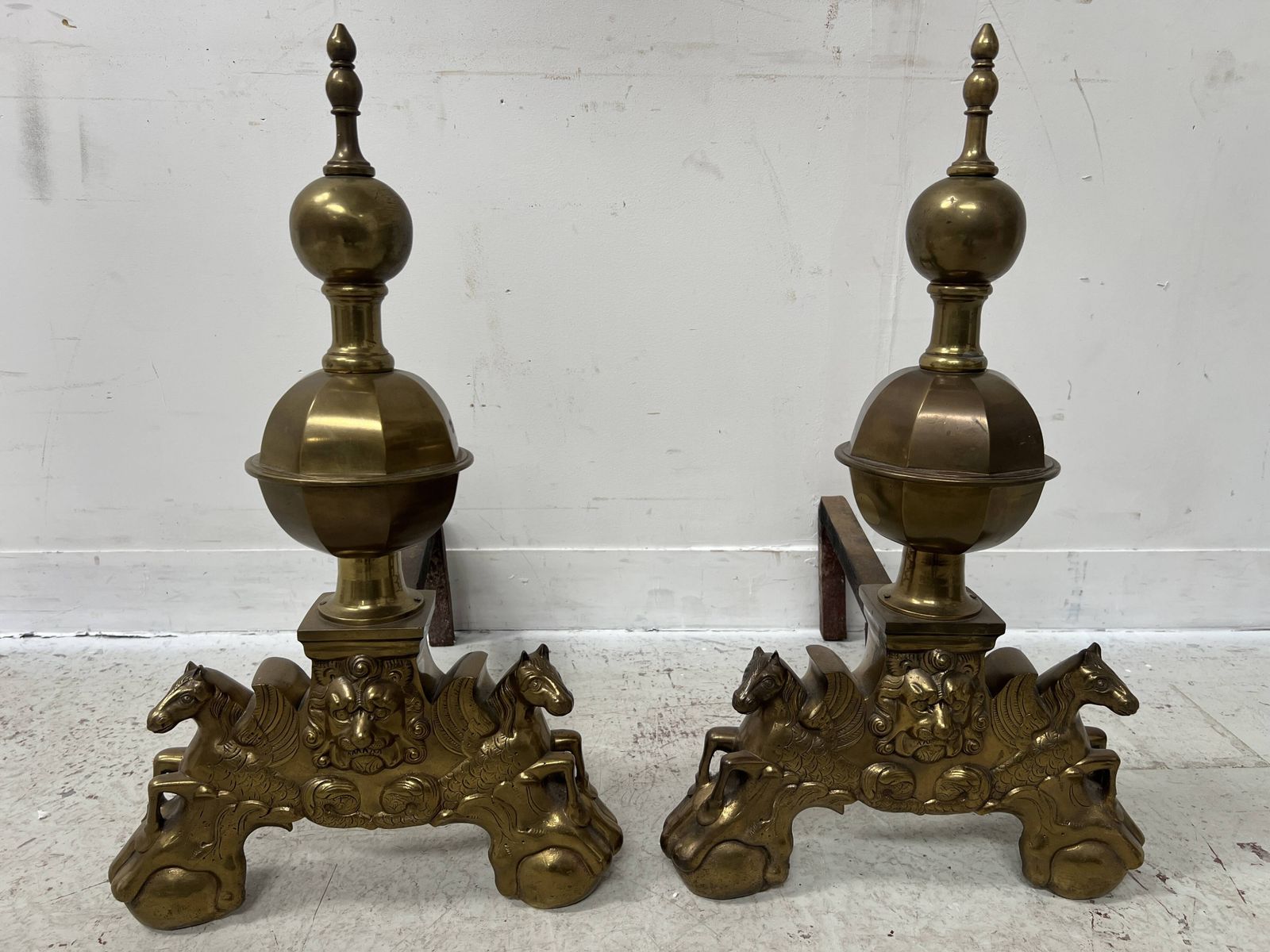 Important Pair Of 20th Century Brass Log Andirons photo for sale