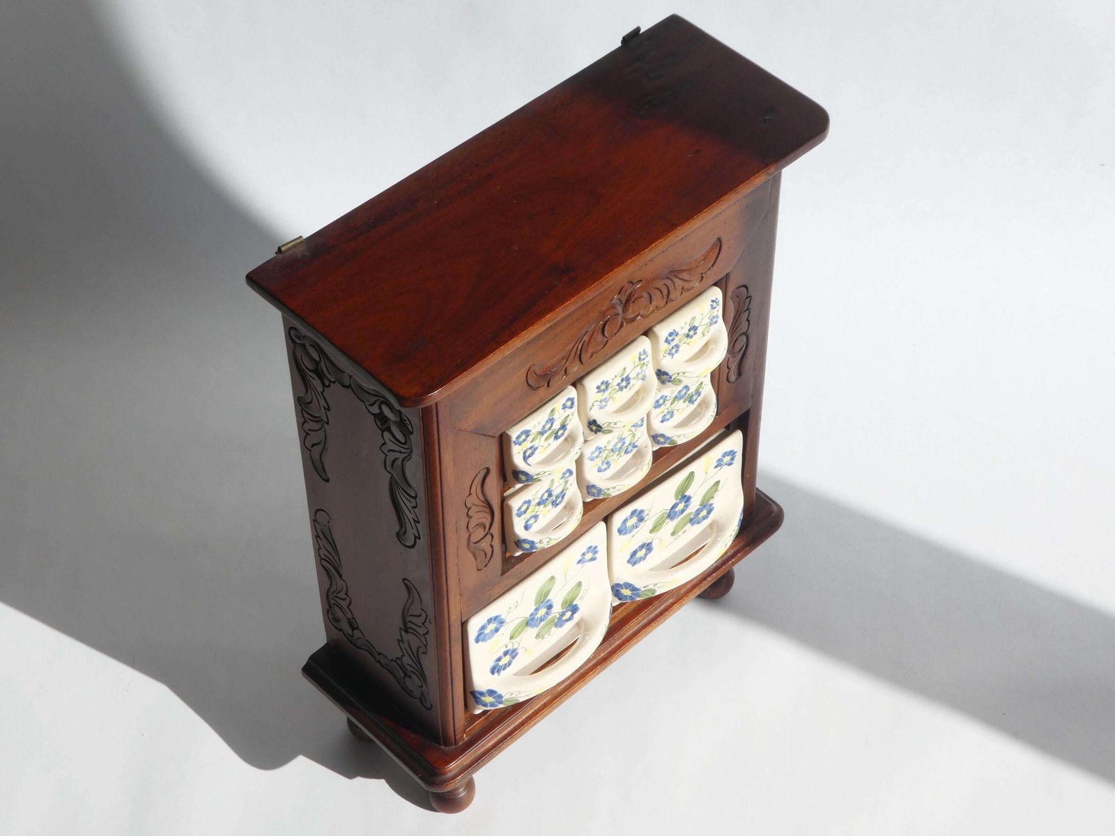 Antique Wooden Dutch Ceramic Spice Cabinet, Hand Painted Floral Kitchen Organizer, Farmhouse Decor photo buy