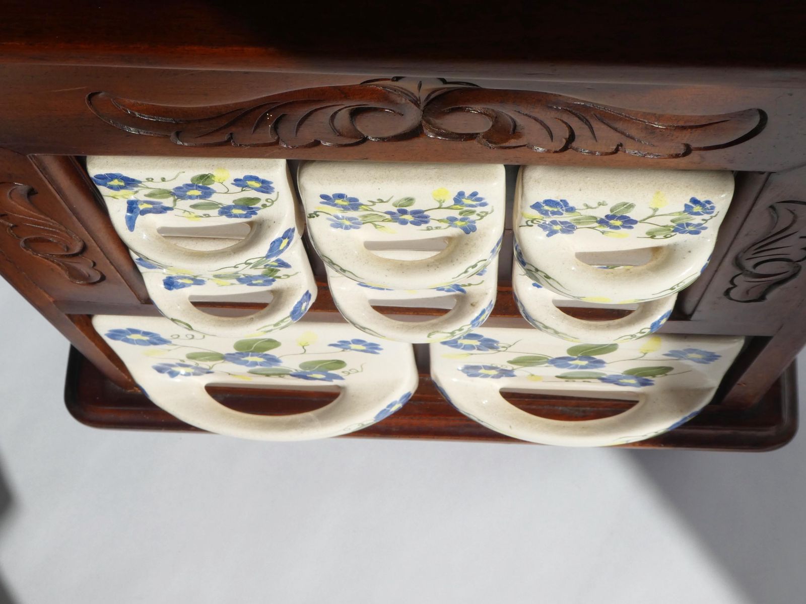 358.0 Antique Wooden Dutch Ceramic Spice Cabinet, Hand Painted Floral Kitchen Organizer, Farmhouse Decor photo
