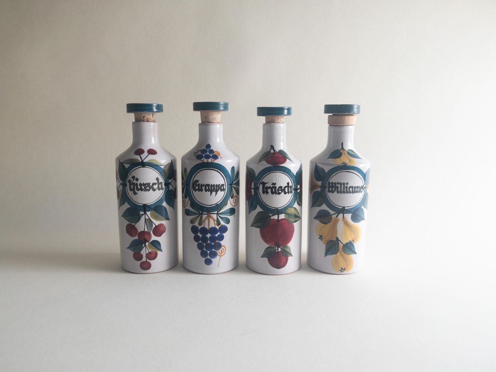 Set Of 4 Liquor Ceramic Bottles By Luzerner Keramik   Spirits Flask With A Cork Stopper   Made In Switzerland