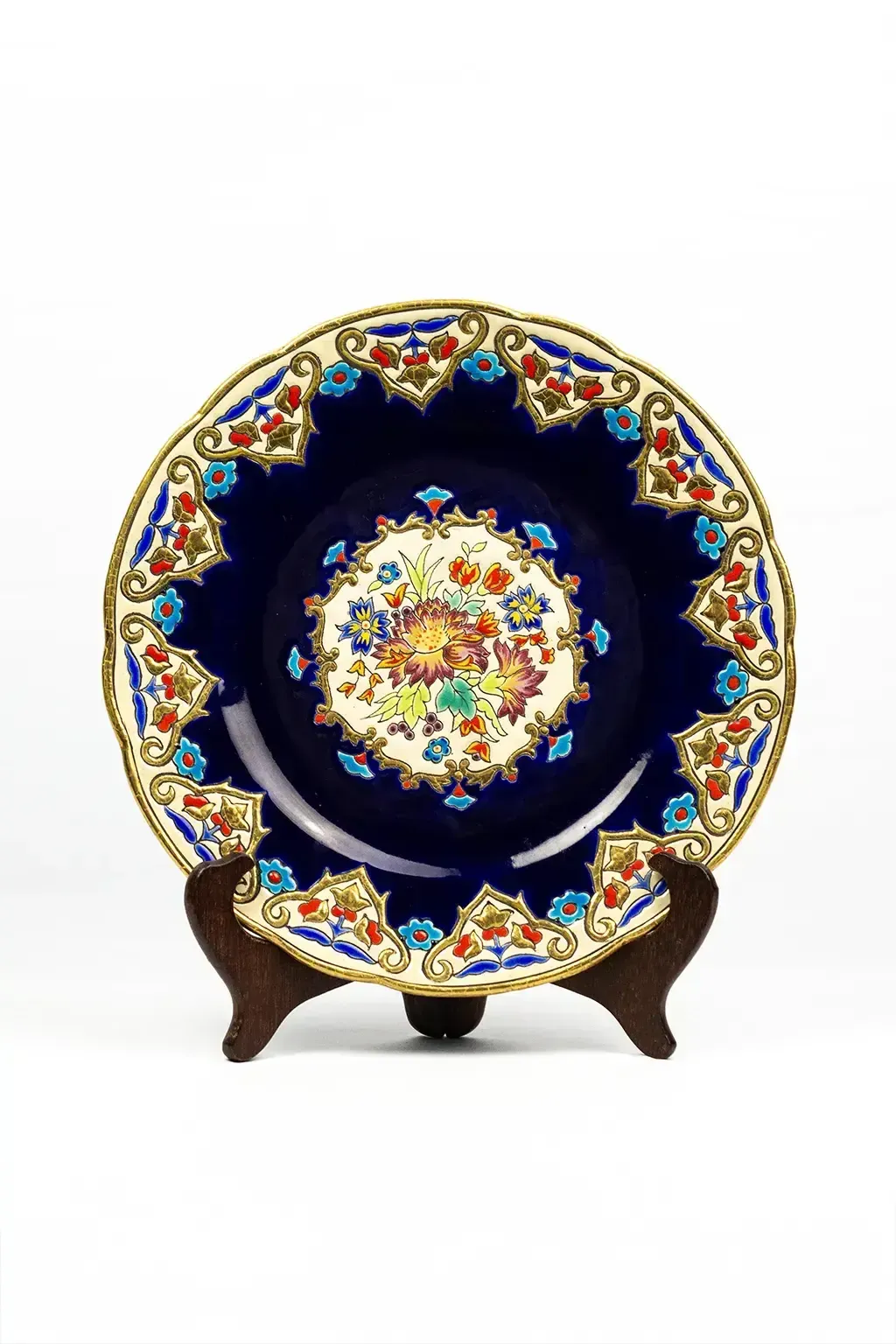 "Renaissance" Plate, Polychrome Floral Decoration On A Sèvres Blue Ground, Highlighted In Gold, Design By Mp Chevallier