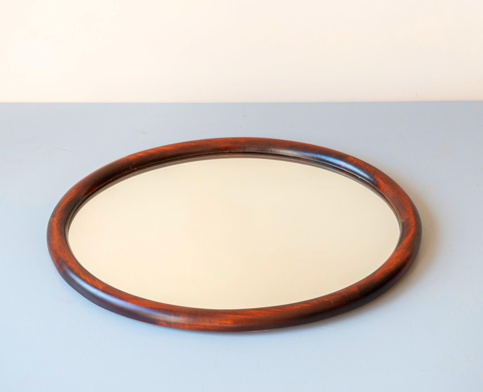 181.0 Vintage Mahogany Oval Wall Mirror   Small Wooden Dutch Mirror   Mid Century Hallway Mirror photo