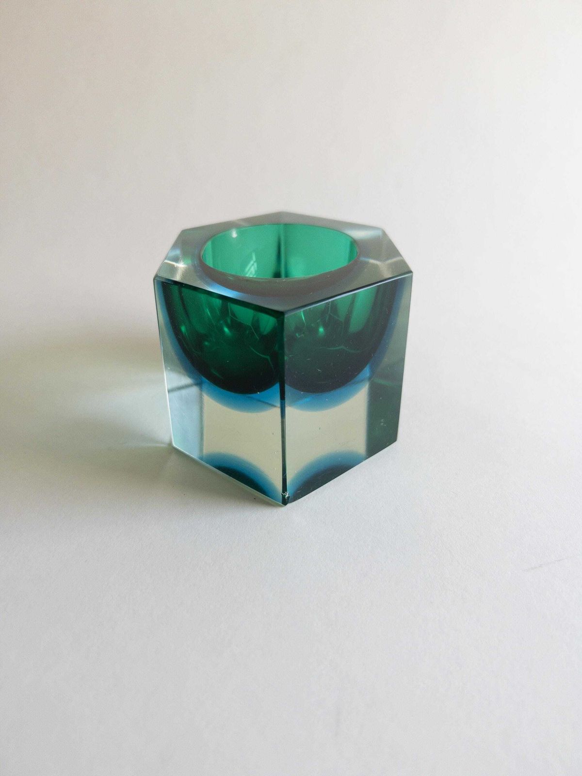Murano Sommerso Hexagon Bowl   Italian Blue And Green Faceted Block Art Glass photo Home Decor