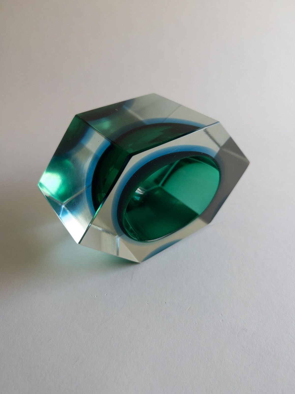 220.0 Murano Sommerso Hexagon Bowl   Italian Blue And Green Faceted Block Art Glass photo