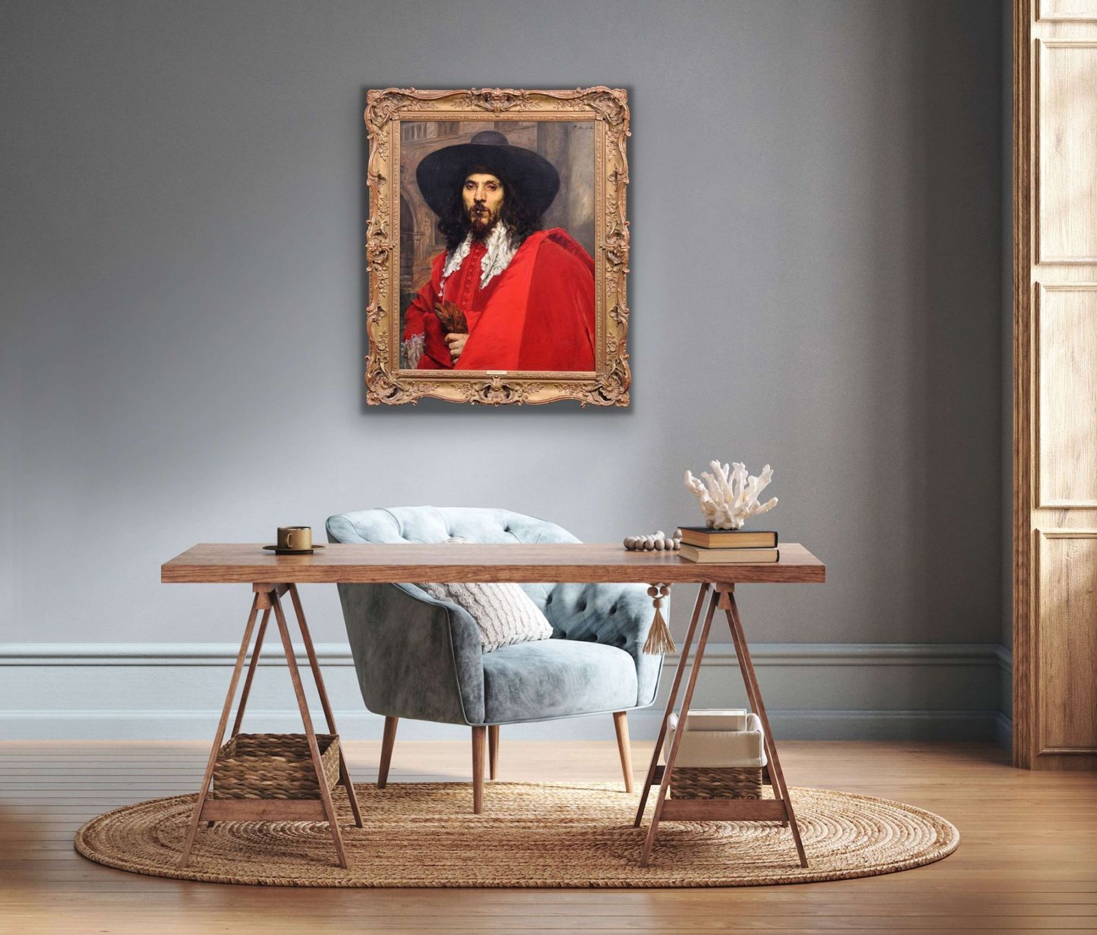 photo vintage Ferdinand Victor Leon Roybet, 1840-1920. Français. Le Mousquetaire. Portrait de cavalier encadré, huile sur panneau, vers 1880.