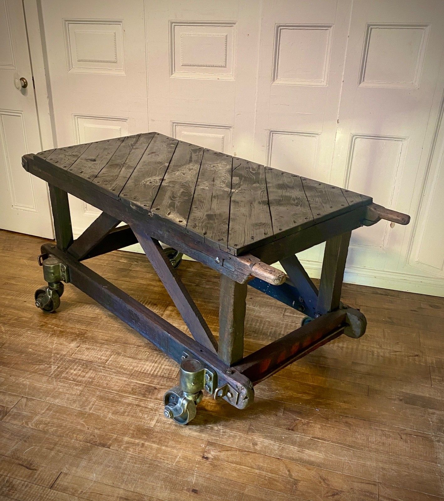Vintage Antique Industrial Factory Trolley Table Cart. Mahogany Frame On Castors photo furniture