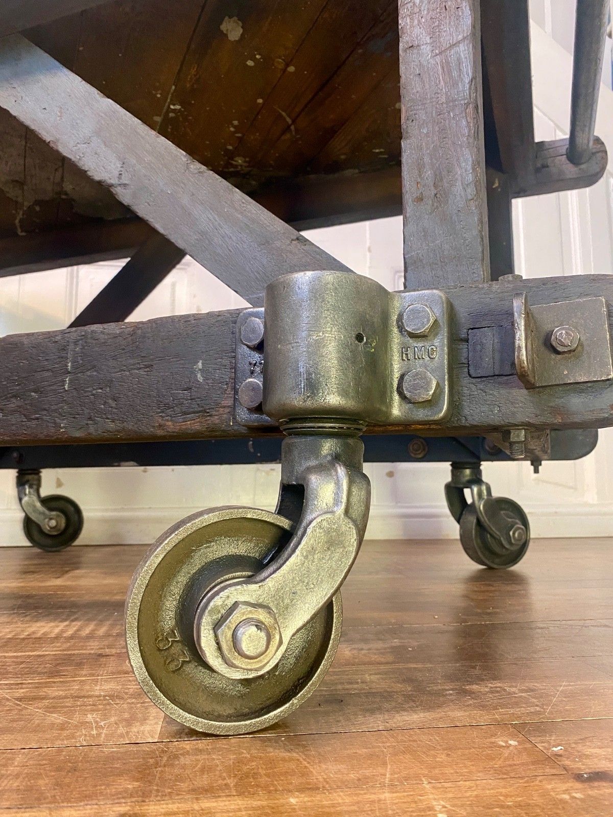 photo for sale Vintage Antique Industrial Factory Trolley Table Cart. Mahogany Frame On Castors