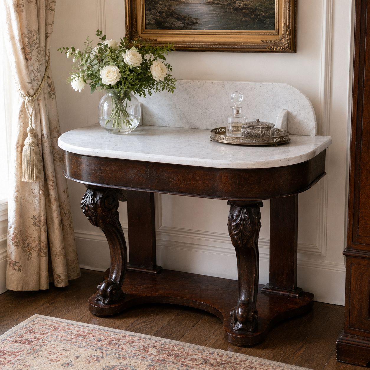 Antique Victorian Marble Top Console Table Carved Mahogany Washstand Victorian Hall Table Marble Side Table photo for sale