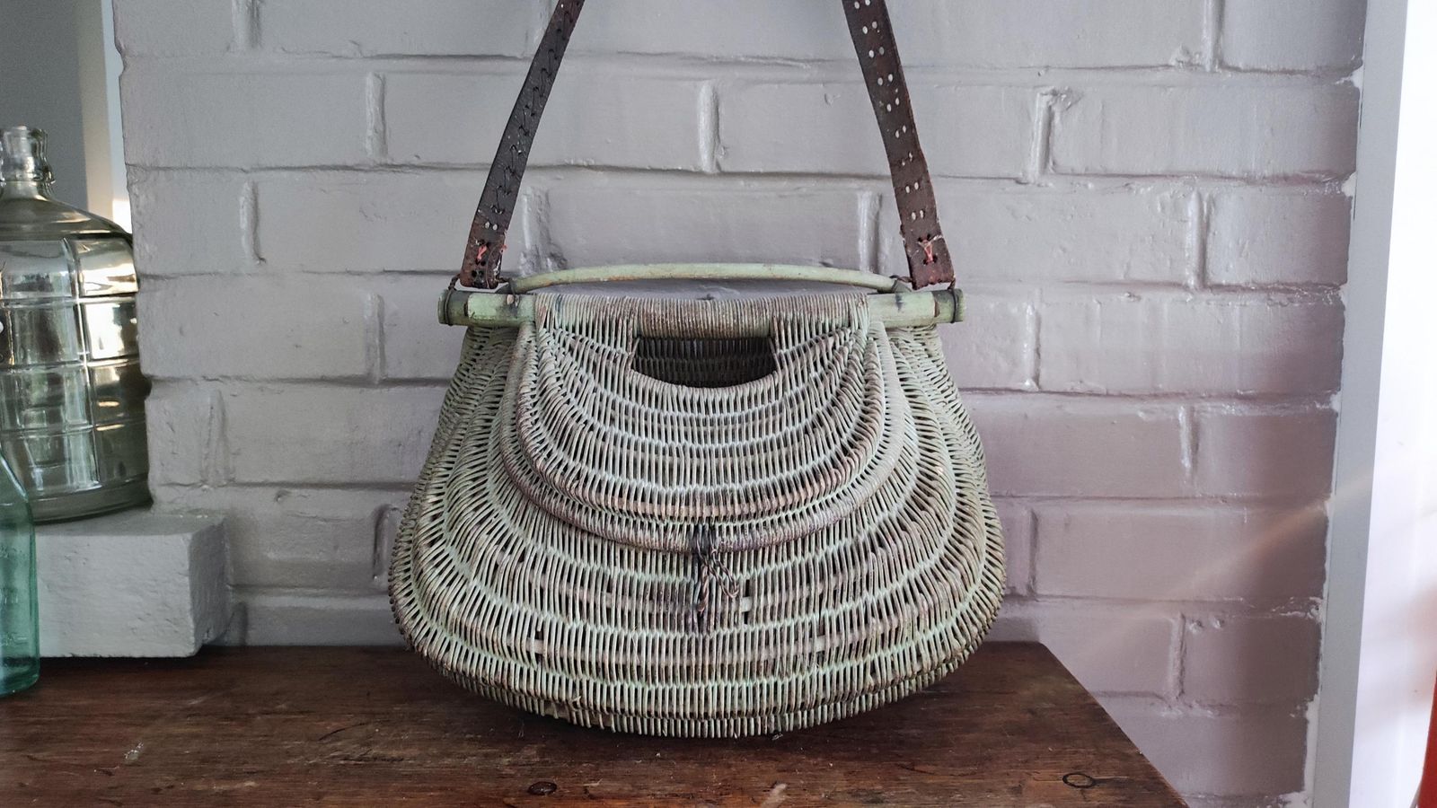 Antique French Fishing Basket Rustic Wicker Creel And Leather Strap photo for sale