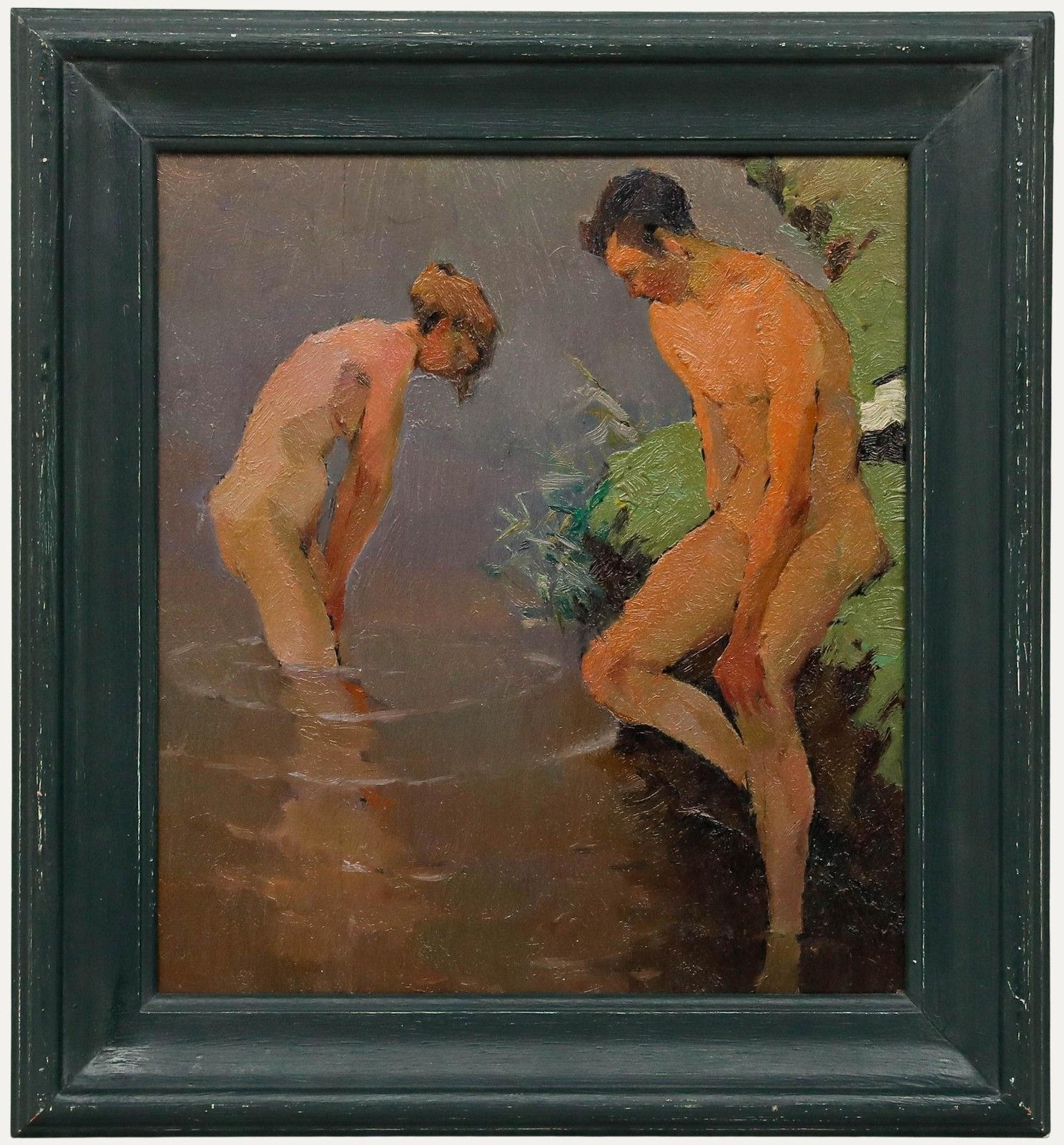 Hans Zank & Willi Gericke Early 20th Century Oil, Bathers At The Bank Edge