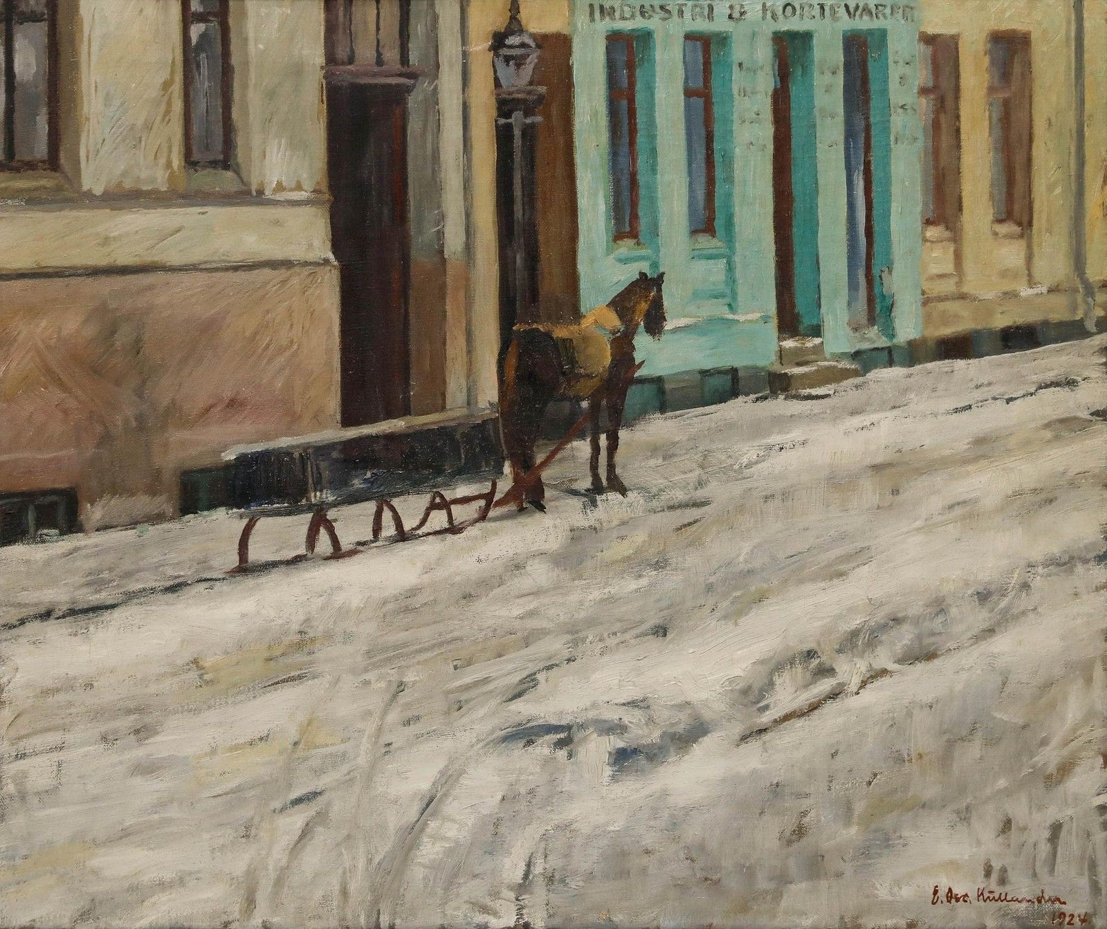 Einar Kullander (1893 1946) Swedish School 1924 Oil, A Horse Drawn Sleigh photo furniture