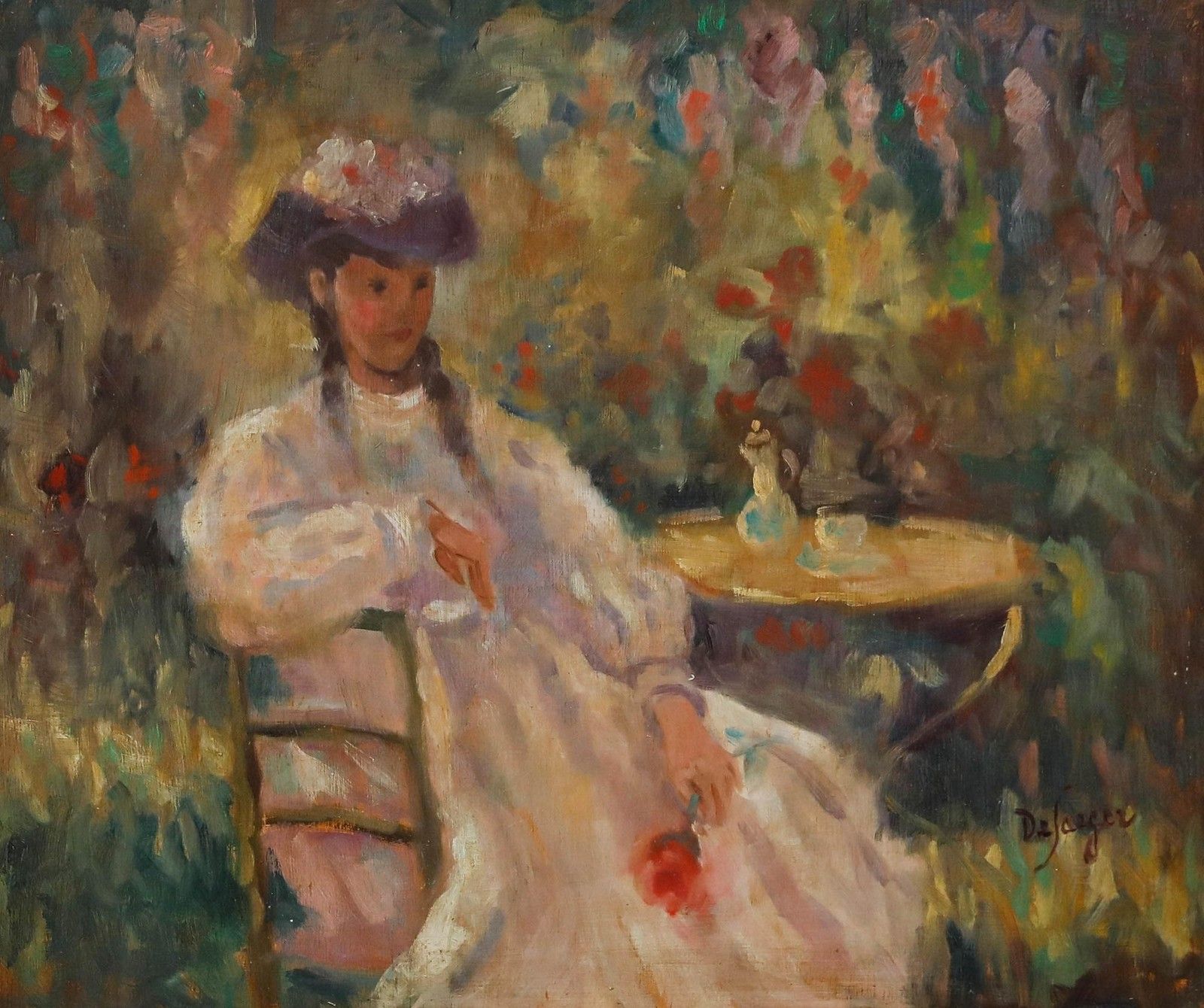 Anna Maria De Saeger (B.1947) 20th Century Oil, Lady In The Garden photo furniture