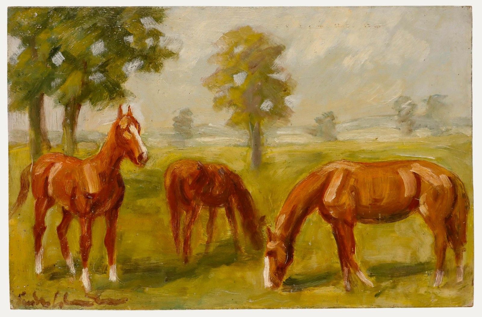 Kurt Glauber (1886 1963) Mid 20th Century Oil, Chestnut Horses Grazing