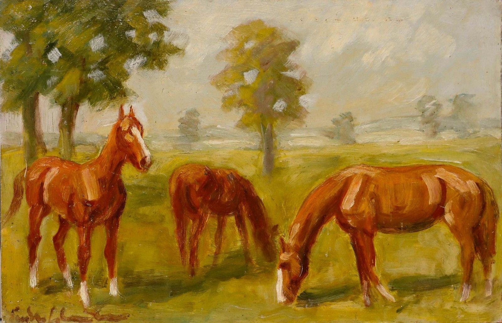 Kurt Glauber (1886 1963) Mid 20th Century Oil, Chestnut Horses Grazing photo furniture