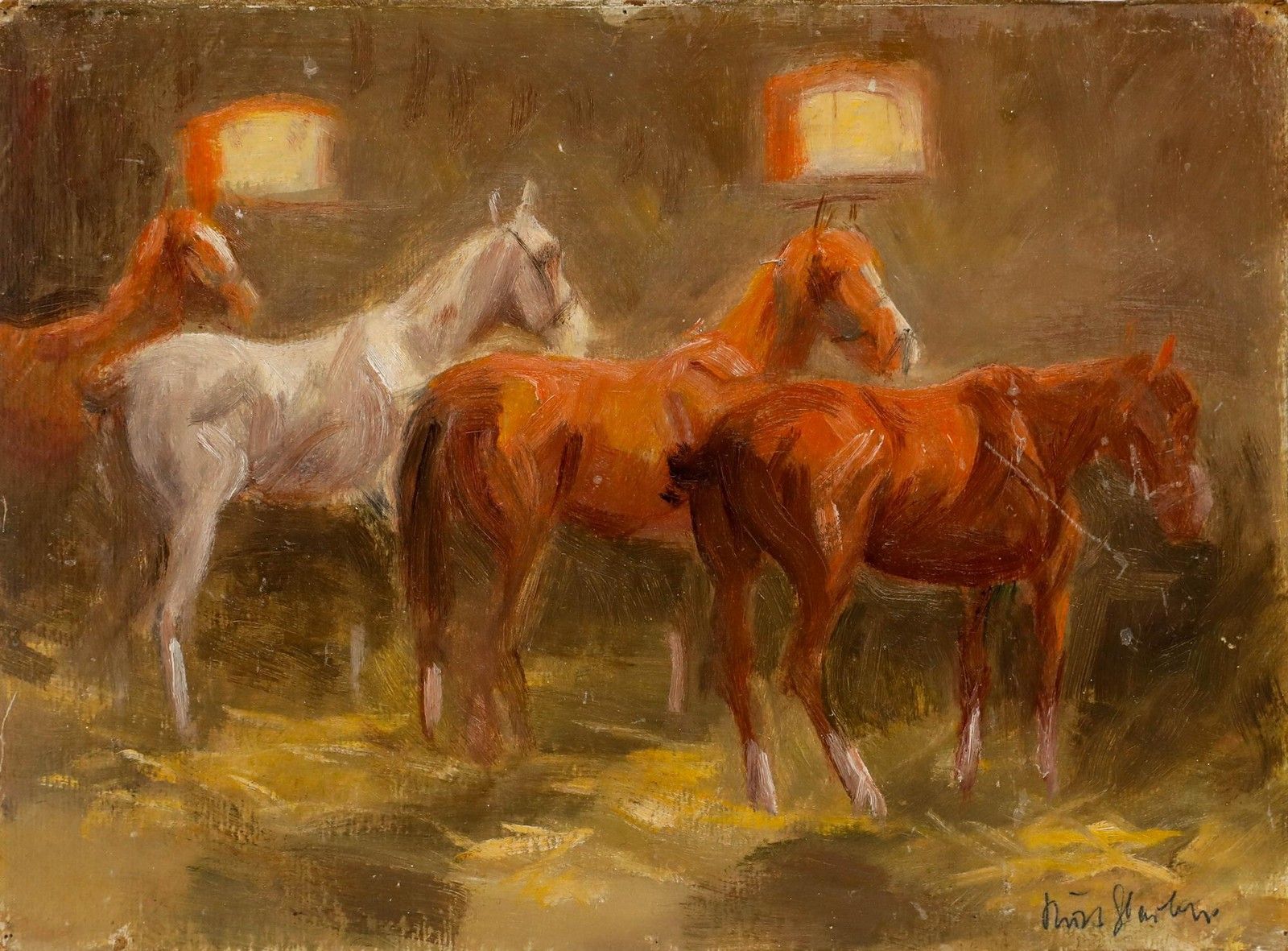 Kurt Glauber (1886 1963) Mid 20th Century Oil, In The Stable photo furniture
