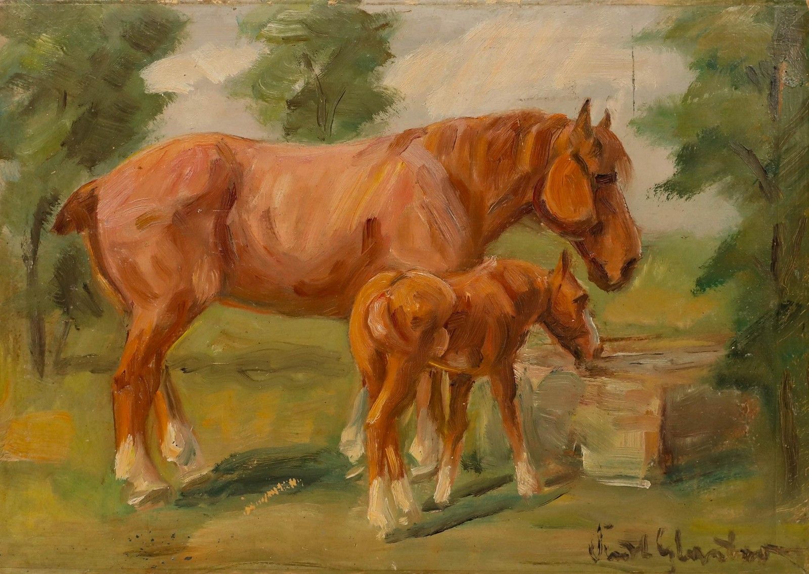 Kurt Glauber (1886 1963) Mid 20th Century Oil, Horses Watering photo furniture