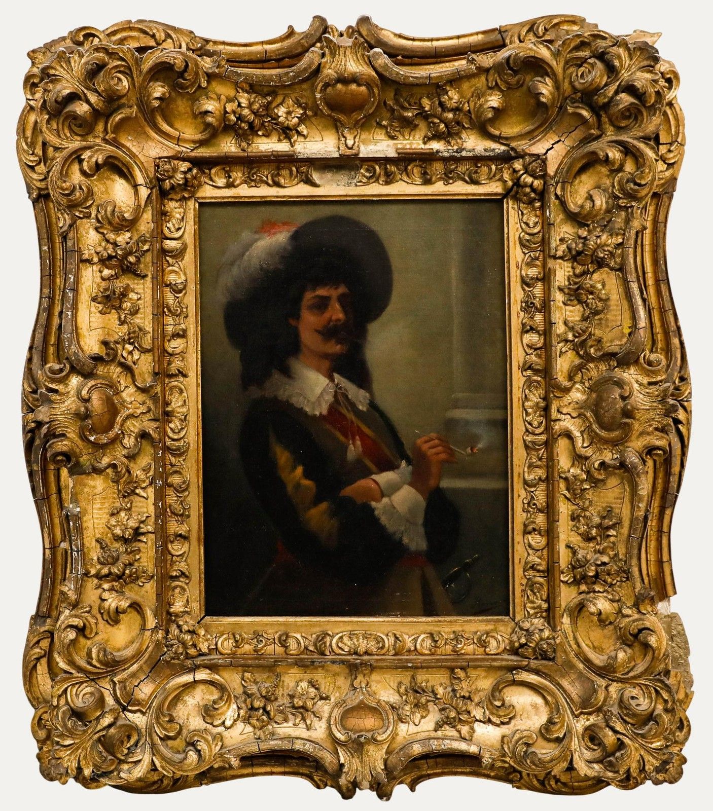 Reno Framed 19th Century Oil, Portrait Of A Cavalier Smoking A Pipe