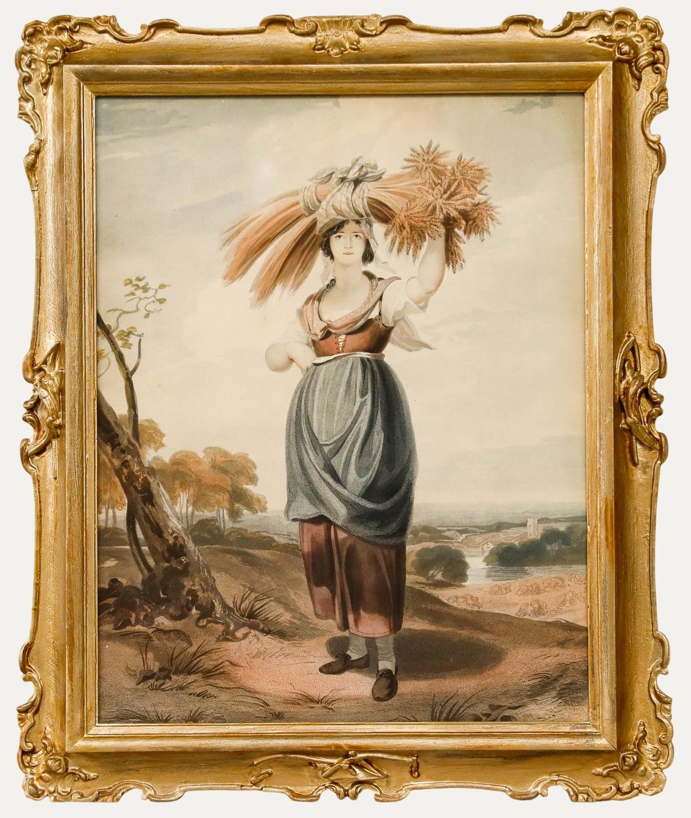 Framed 19th Century Aquatint Collecting The Harvest