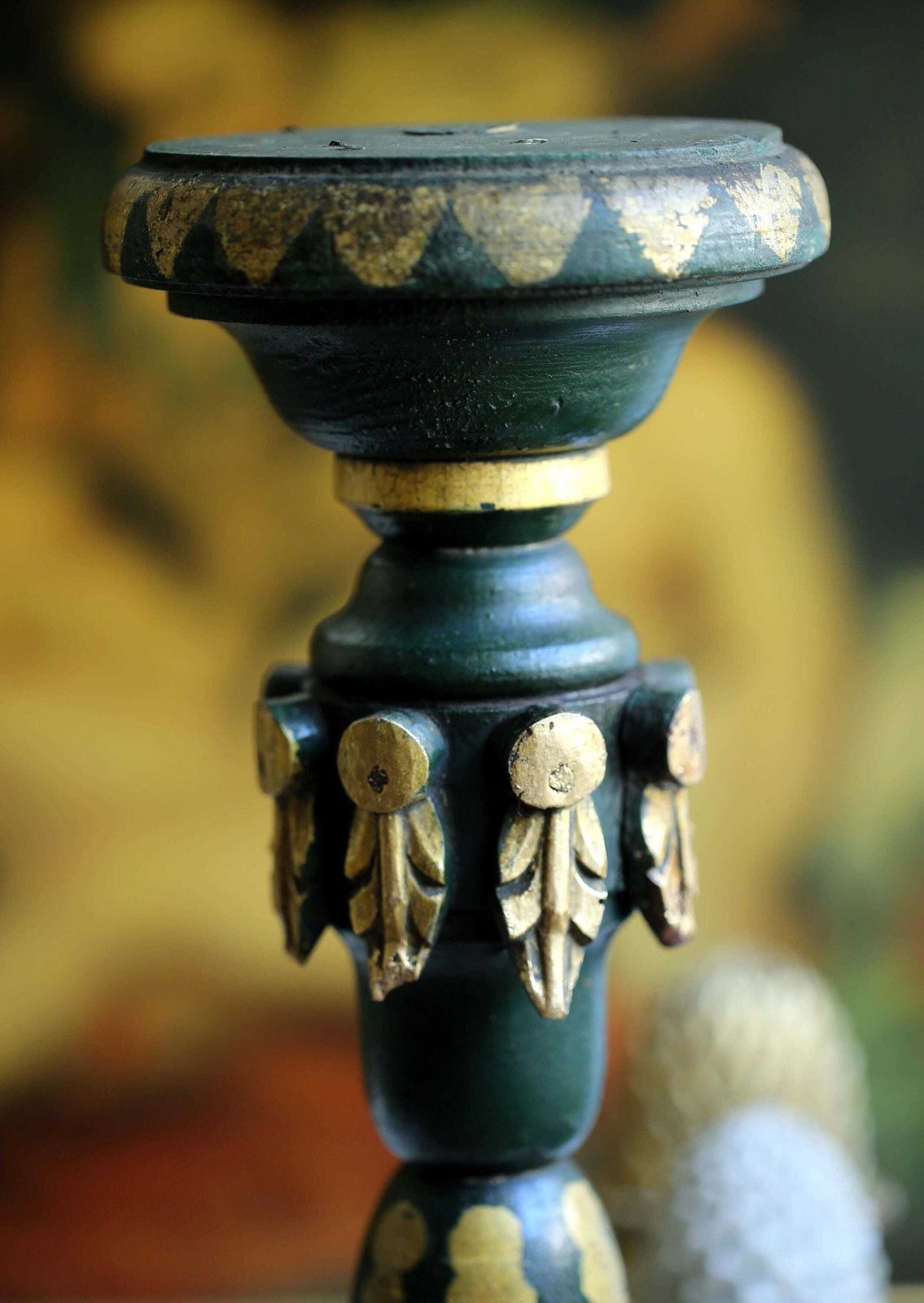 Antique Pedestal Green And Gold Painted Column Wooden Statue Stand photo for sale
