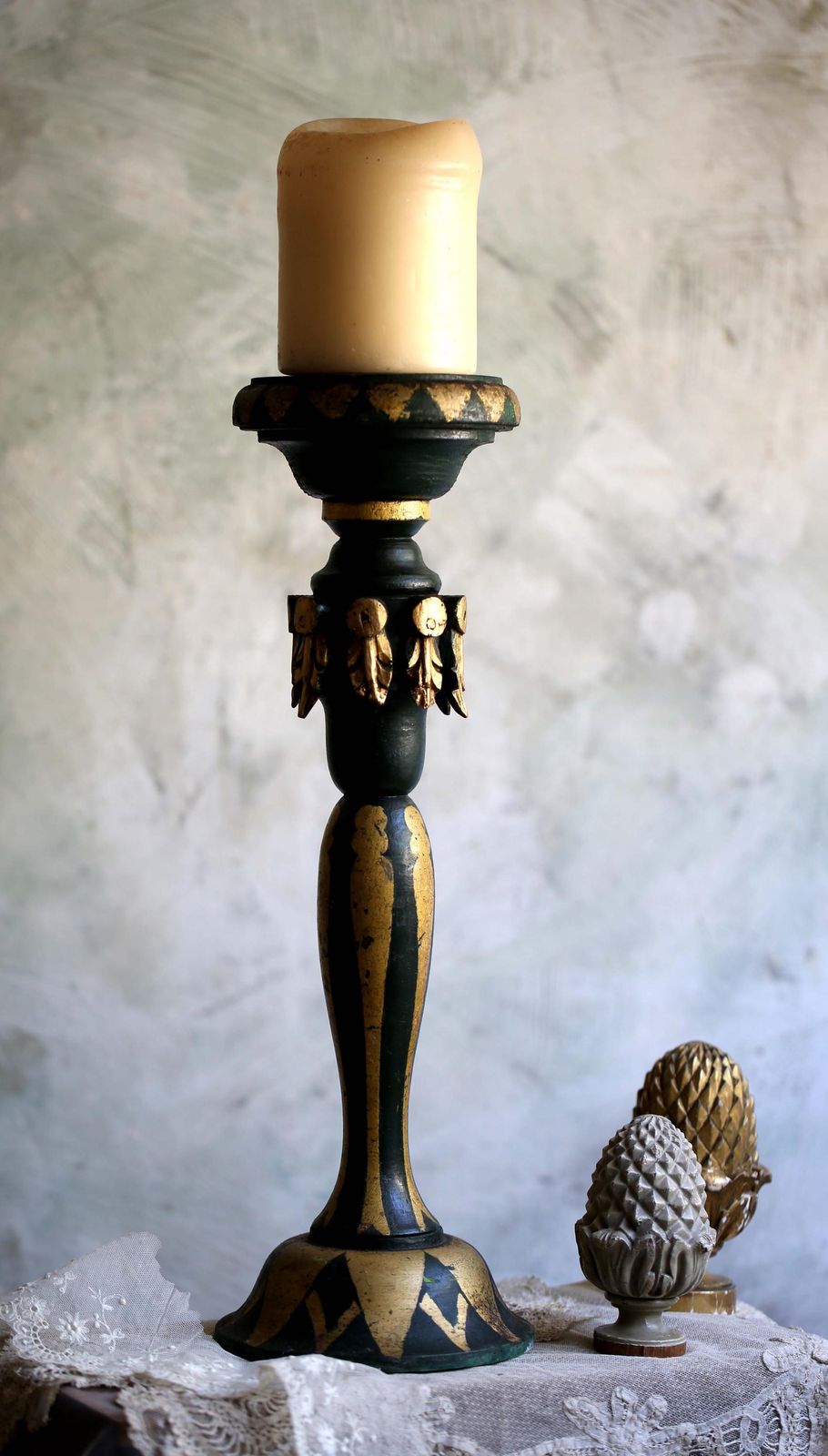 Antique Pedestal Green And Gold Painted Column Wooden Statue Stand photo vintage