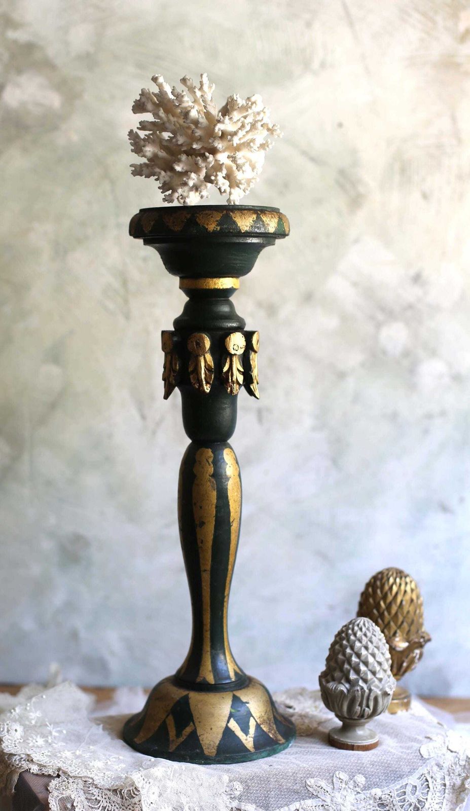 photo for sale Antique Pedestal Green And Gold Painted Column Wooden Statue Stand