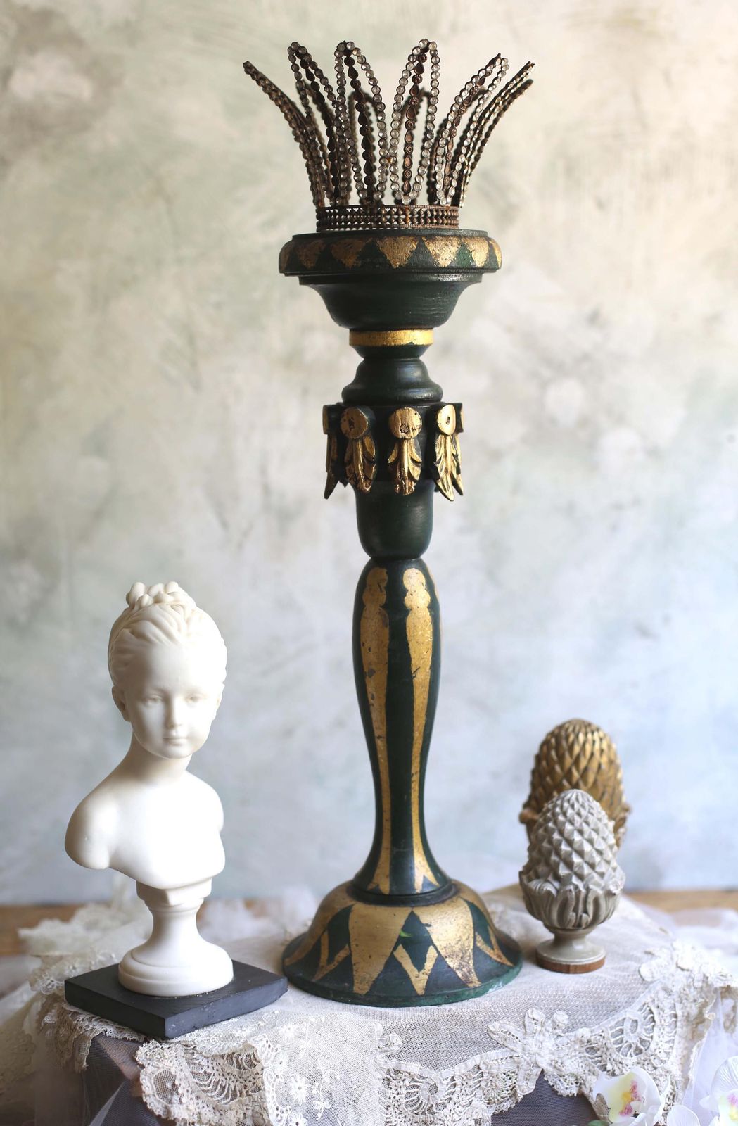 Home Decor Antique Pedestal Green And Gold Painted Column Wooden Statue Stand photo