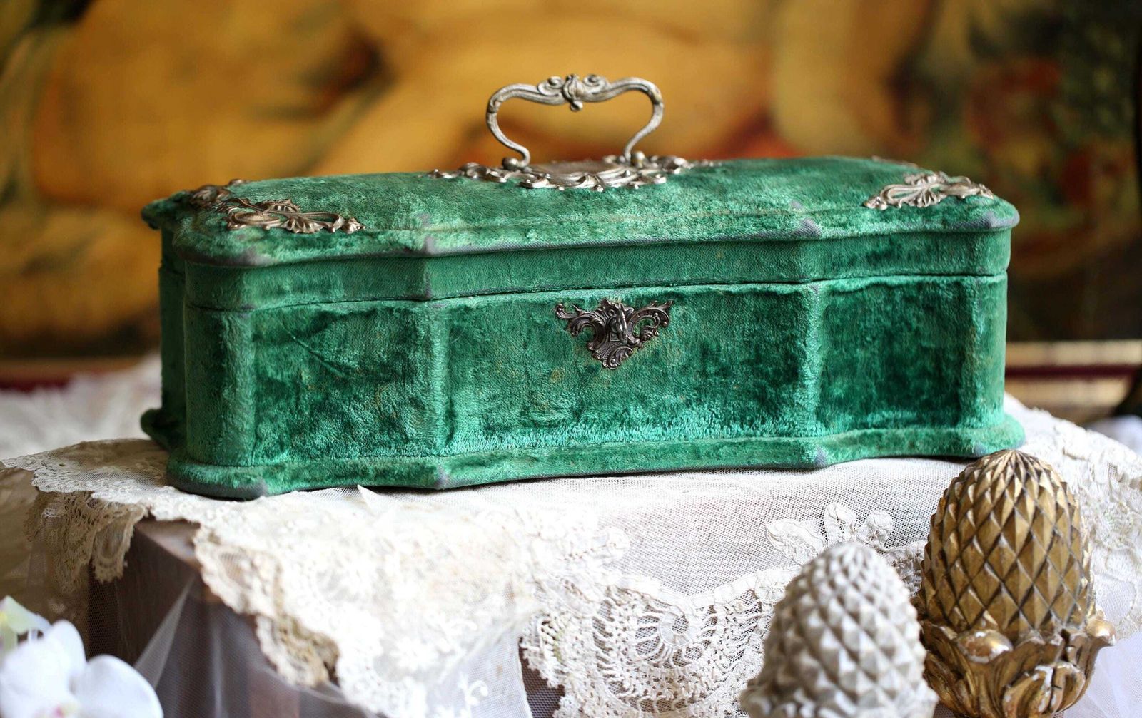 Antique French Green Velvet Jewellery Box Rococo Trinket Casket
