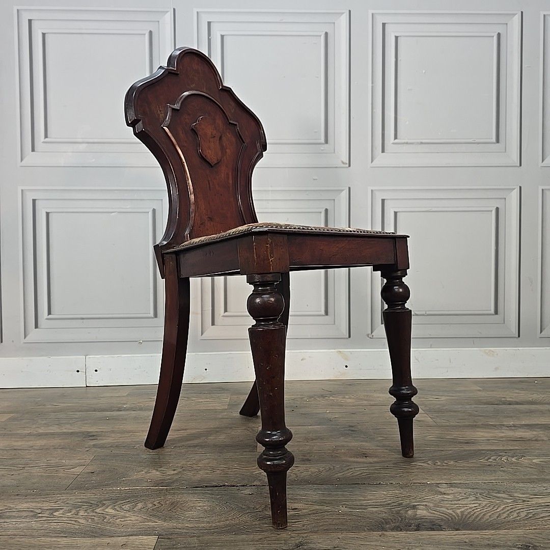 Antique Victorian Hall Chair Carved Walnut Needlepoint Seat Wooden Vintage photo furniture