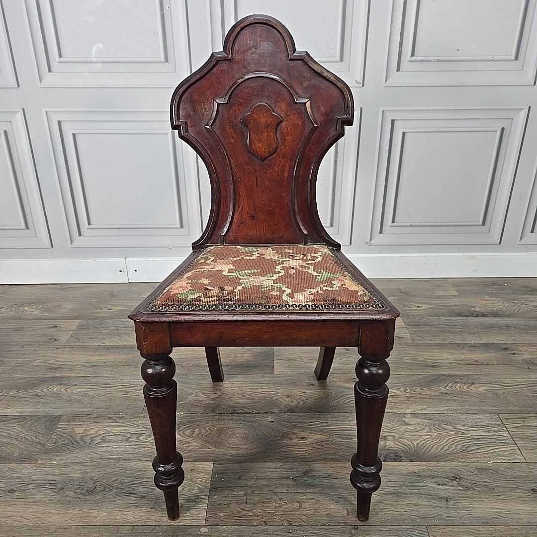 Antique Victorian Hall Chair Carved Walnut Needlepoint Seat Wooden Vintage photo buy