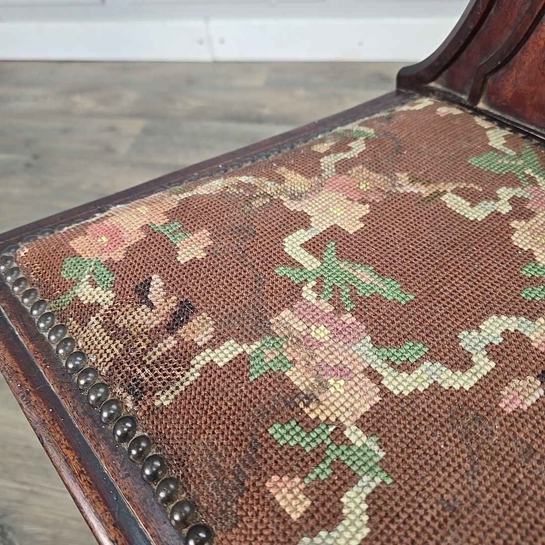 photo for sale Antique Victorian Hall Chair Carved Walnut Needlepoint Seat Wooden Vintage