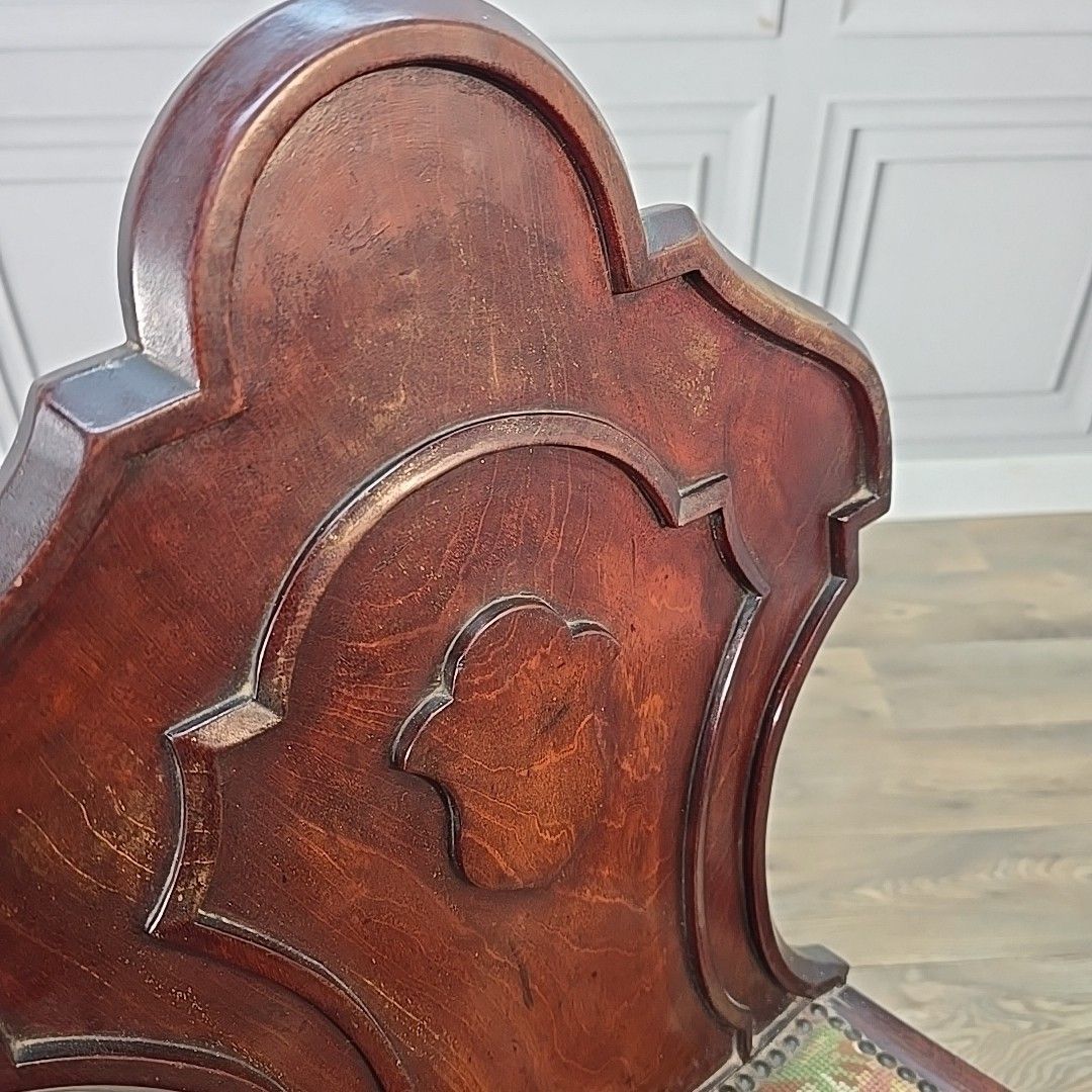 Furniture Antique Victorian Hall Chair Carved Walnut Needlepoint Seat Wooden Vintage photo