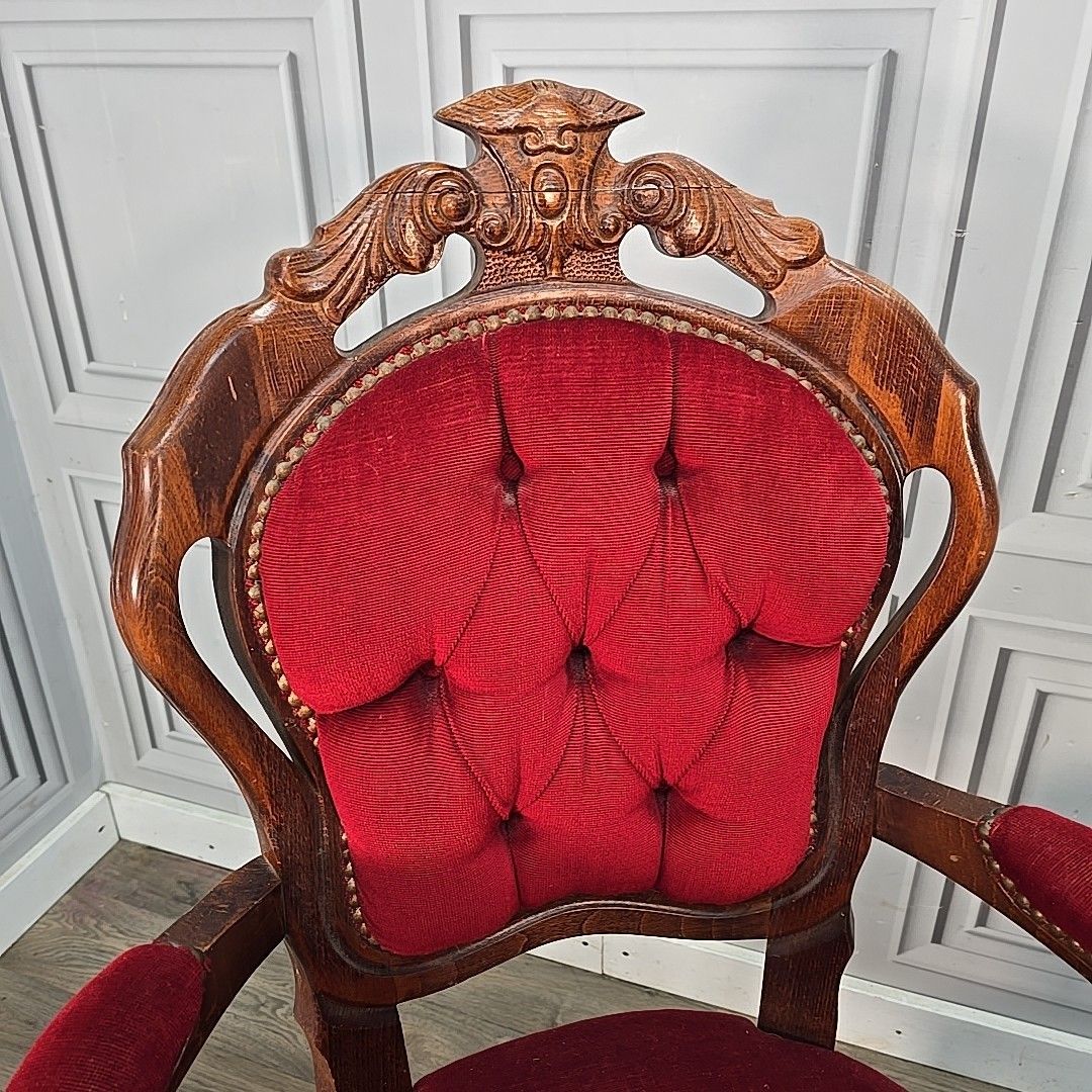 Victorian Style French Armchairs Pair Red Upholstered Carved Wooden Seats Chairs photo 260.0