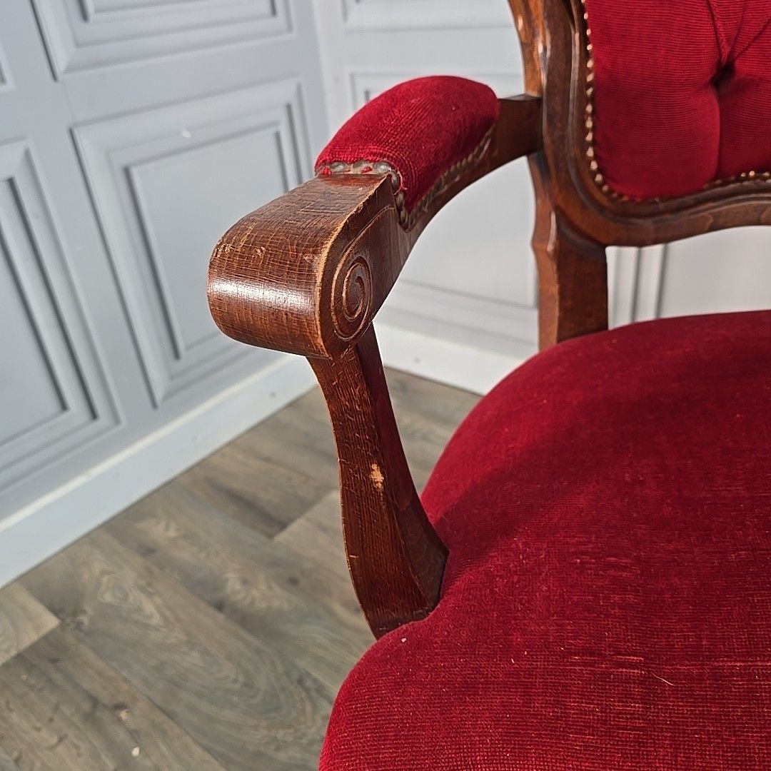Victorian Style French Armchairs Pair Red Upholstered Carved Wooden Seats Chairs photo vintage