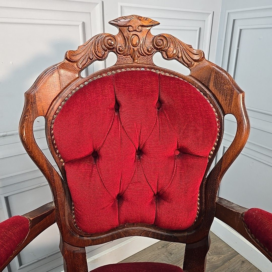 Furniture Victorian Style French Armchairs Pair Red Upholstered Carved Wooden Seats Chairs photo