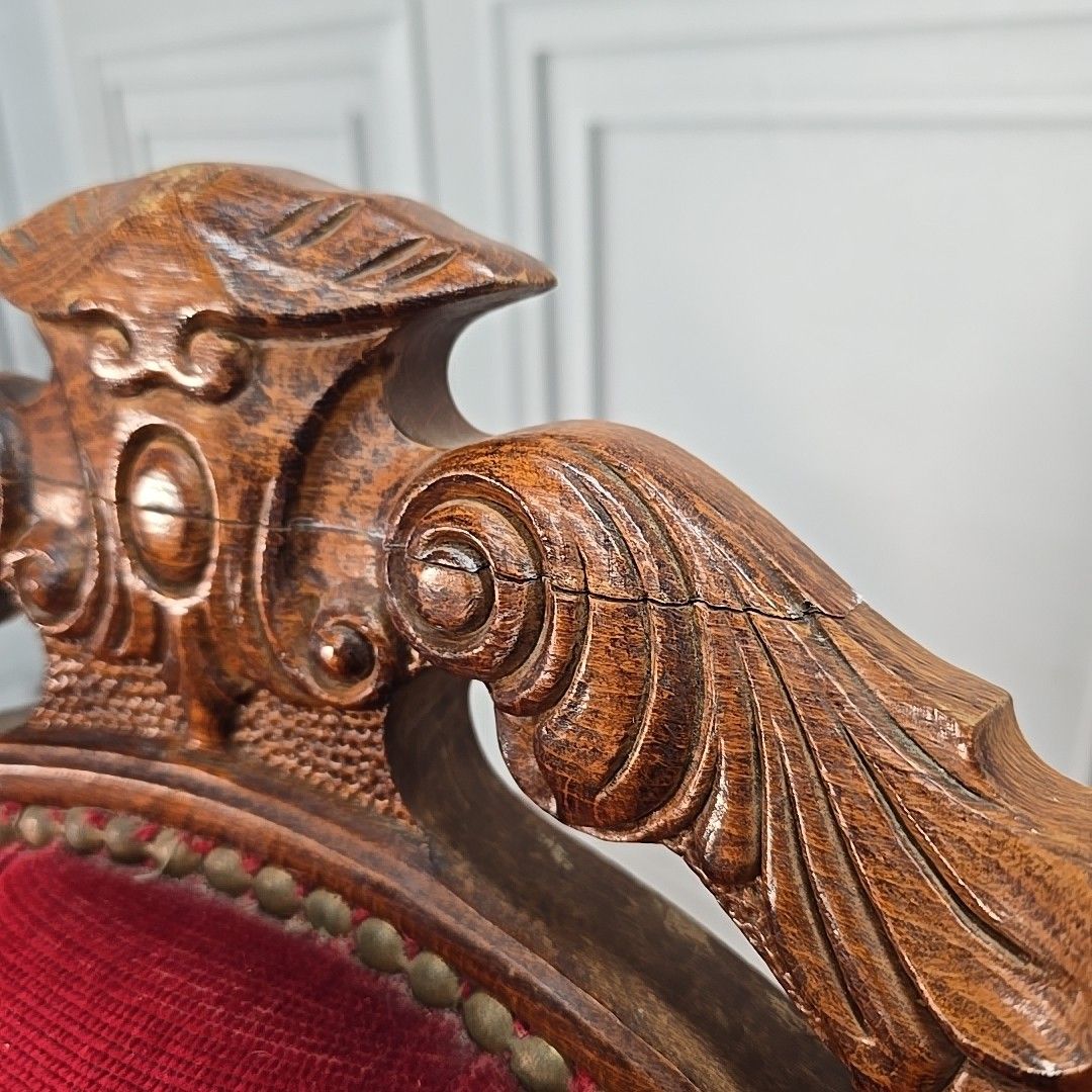photo buy Victorian Style French Armchairs Pair Red Upholstered Carved Wooden Seats Chairs
