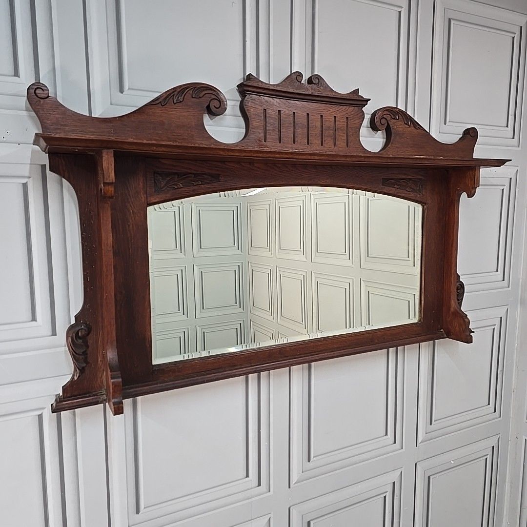 Antique Overmantle Wall Mirror Wooden Oak Arts & Crafts Mantel Carved Large photo furniture